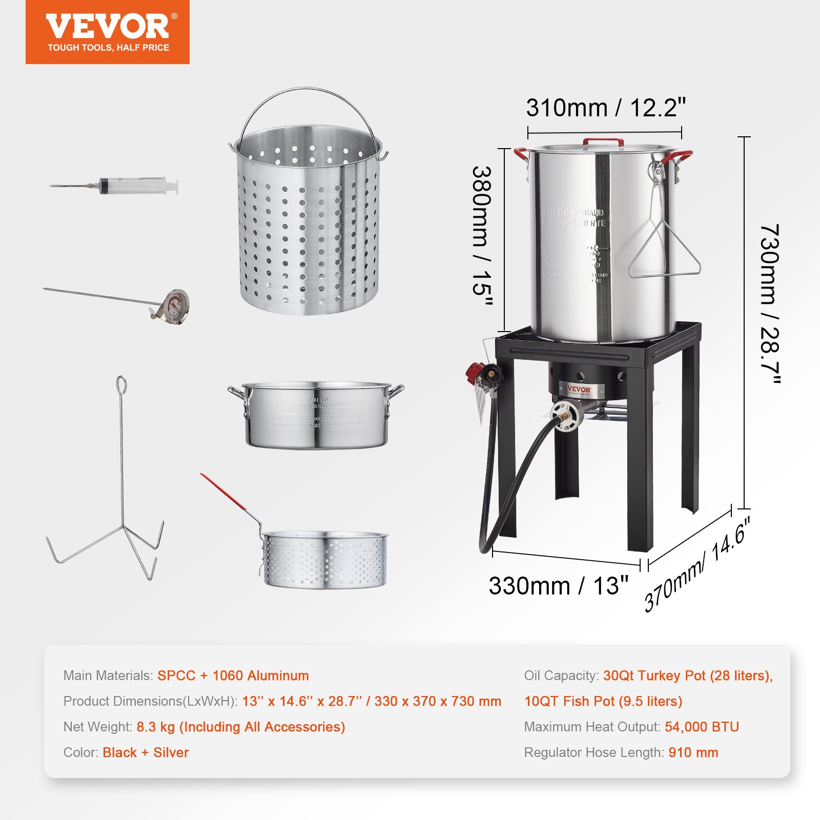 VEVOR Turkey Deep Fryer, 30-qt Turkey & 10-qt Fish Steamer Cooker Set, Outdoor Aluminum Seafood Frying Pot, 54,000 BTU Burner Propane Gas Boiler, Includes Baskets, Perforated Poultry Rack, Thermometer