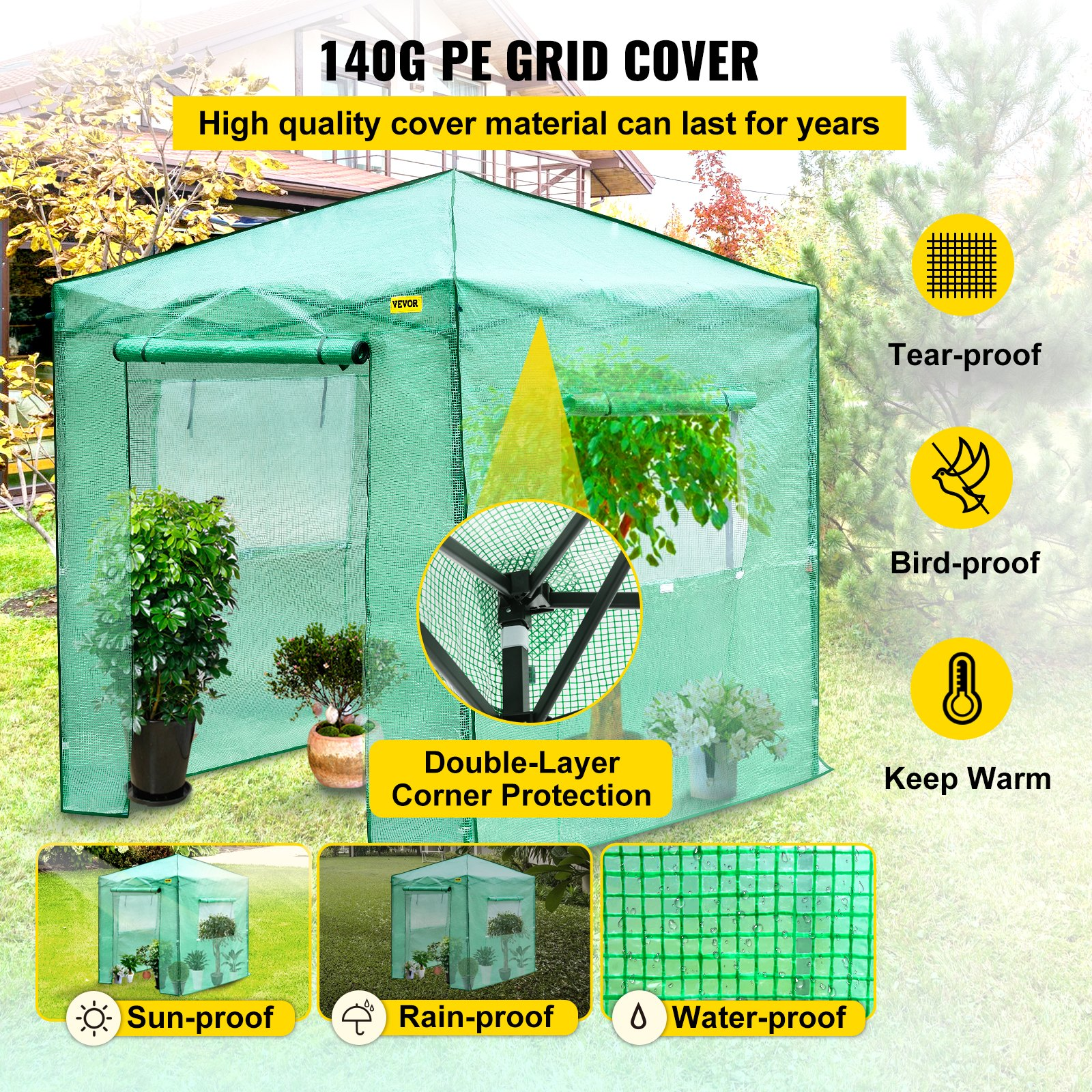 VEVOR 8'x 6'x 8' Pop-Up Greenhouse, Set Up in Minutes, Portable Greenhouse with Doors & Windows. High Strength PE Cover & Powder-Coated Steel Construction