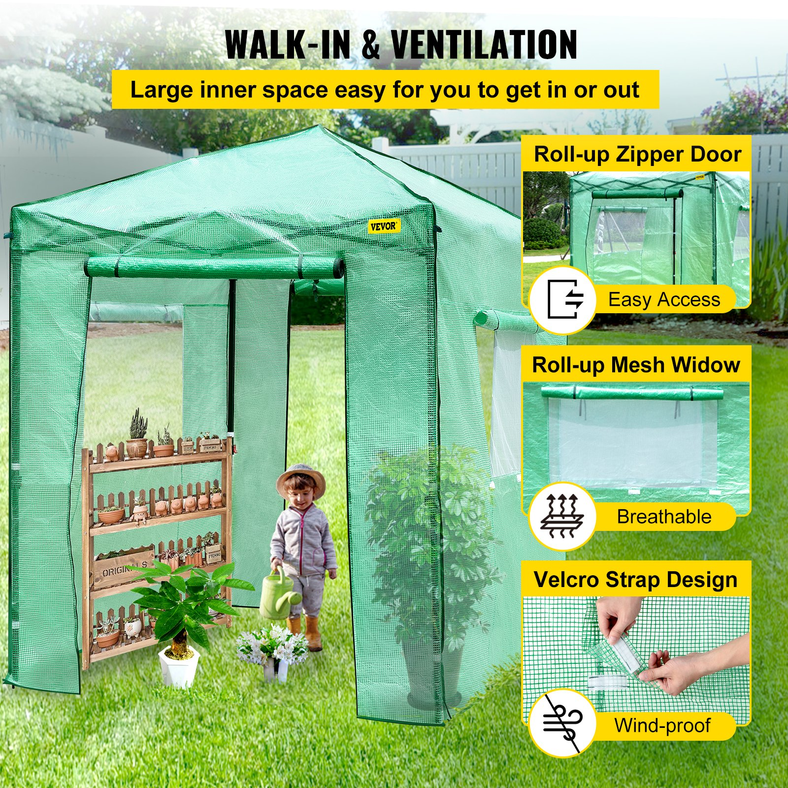 VEVOR 8'x 6'x 8' Pop-Up Greenhouse, Set Up in Minutes, Portable Greenhouse with Doors & Windows. High Strength PE Cover & Powder-Coated Steel Construction