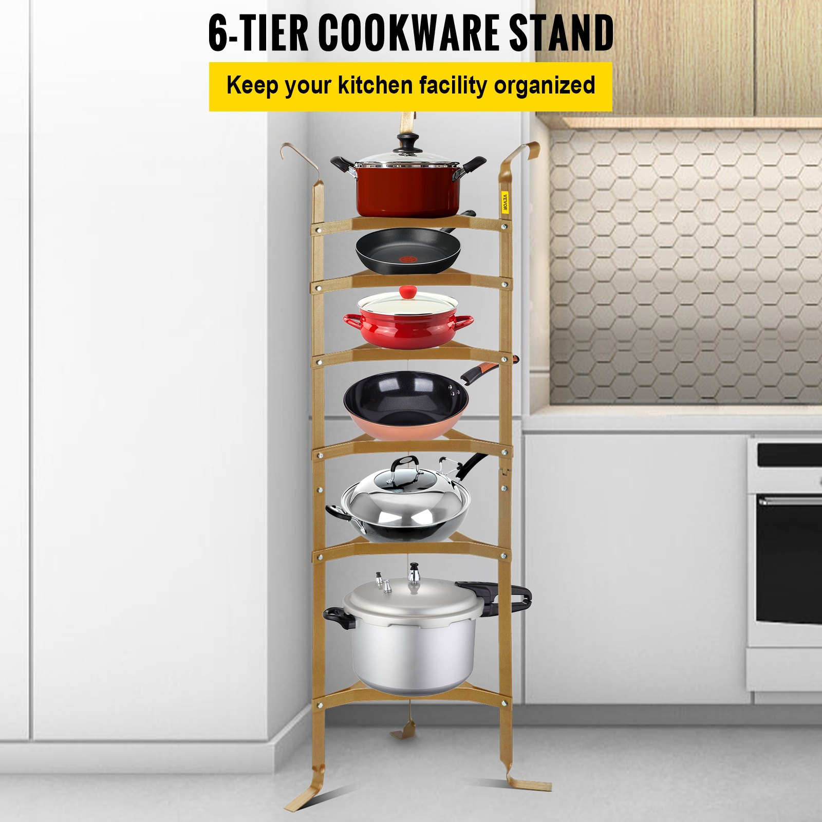 VEVOR 6-Tier Cookware Stand, Carbon Steel Multi-Layer Pot Rack, 61-inch Cookware Shelf, Copper Cookware Storage Tower, Unassembled Kitchen Corner Shelf Rack for Pans, Pots, Baskets and Kettles Storage