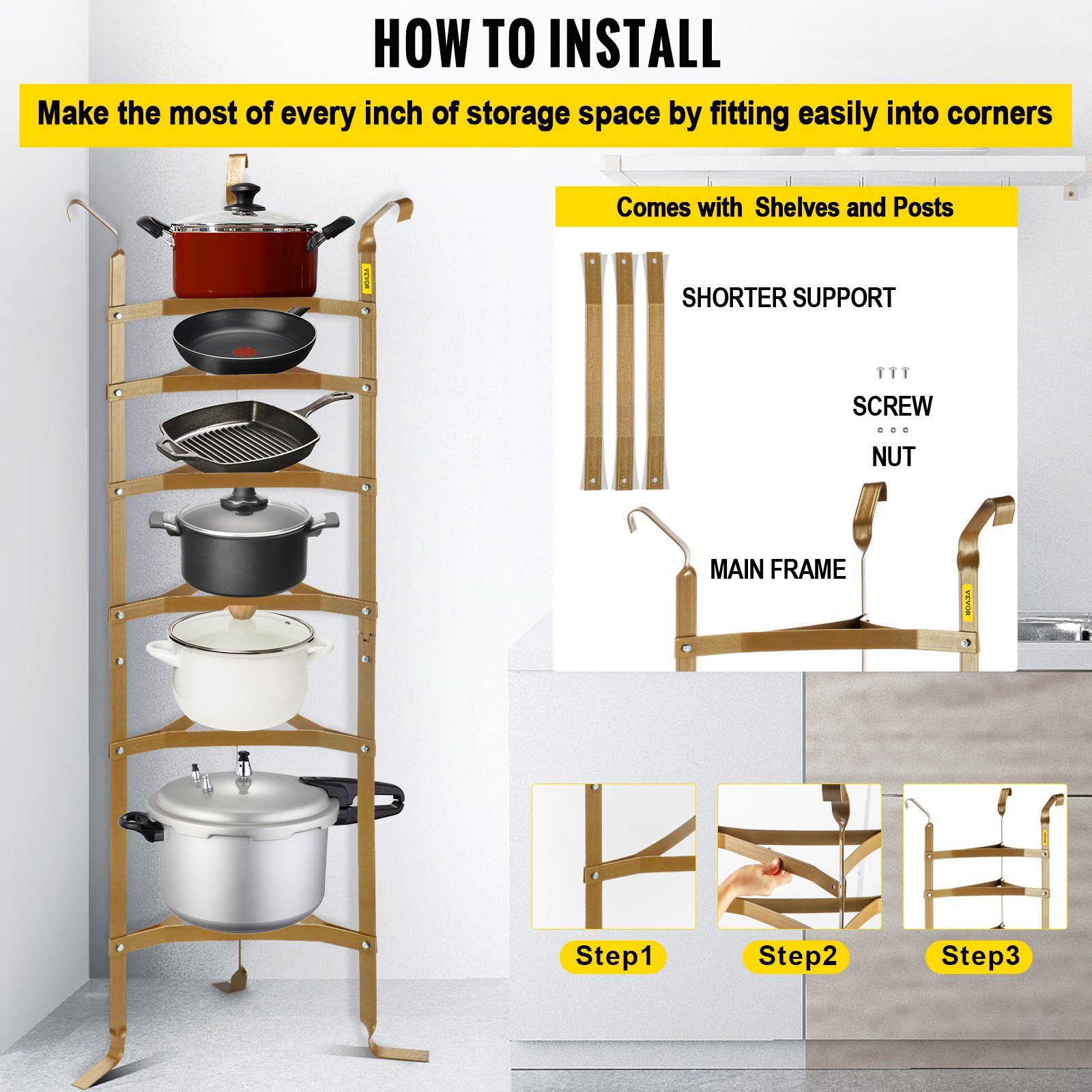 VEVOR 6-Tier Cookware Stand, Carbon Steel Multi-Layer Pot Rack, 61-inch Cookware Shelf, Copper Cookware Storage Tower, Unassembled Kitchen Corner Shelf Rack for Pans, Pots, Baskets and Kettles Storage