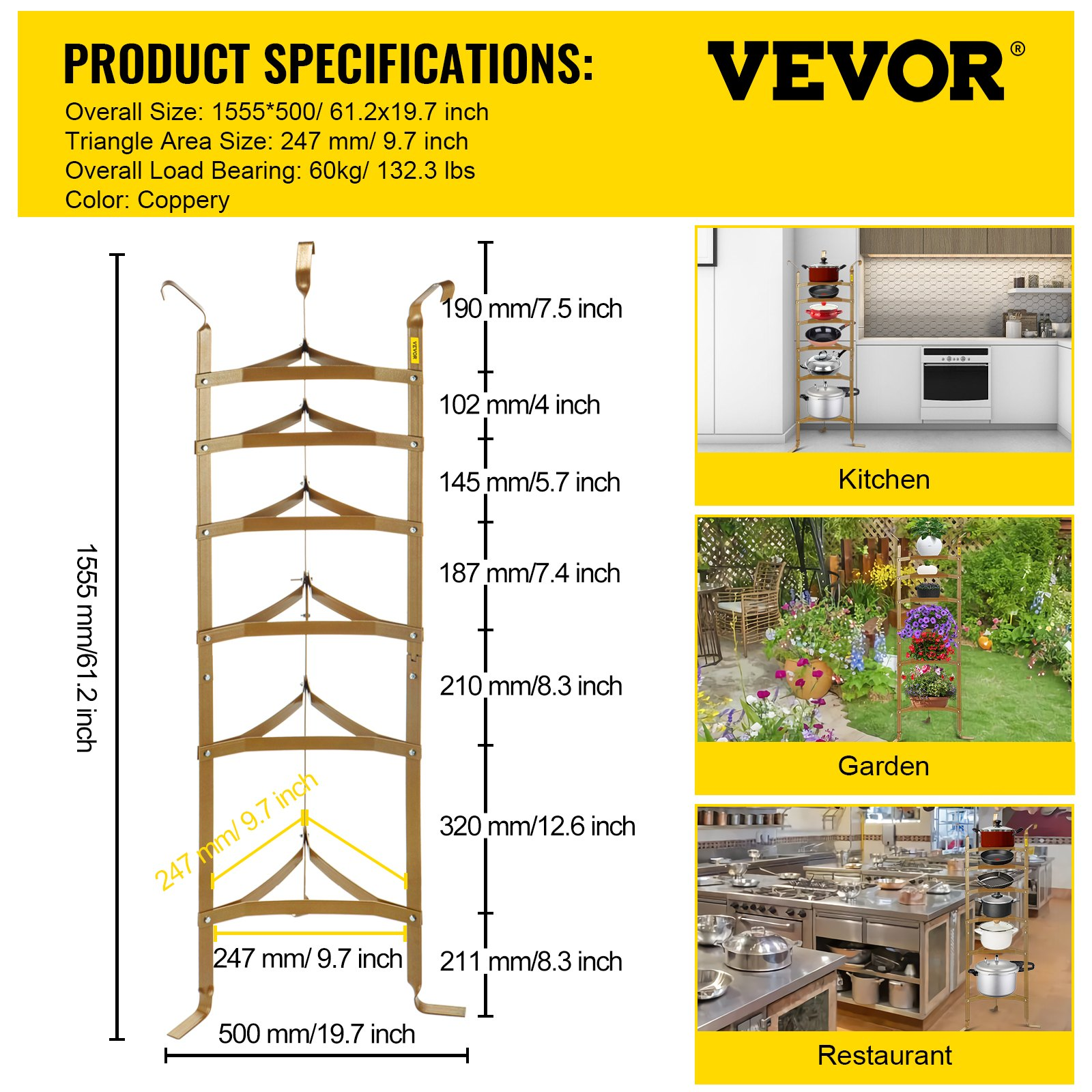 VEVOR 6-Tier Cookware Stand, Carbon Steel Multi-Layer Pot Rack, 61-inch Cookware Shelf, Copper Cookware Storage Tower, Unassembled Kitchen Corner Shelf Rack for Pans, Pots, Baskets and Kettles Storage