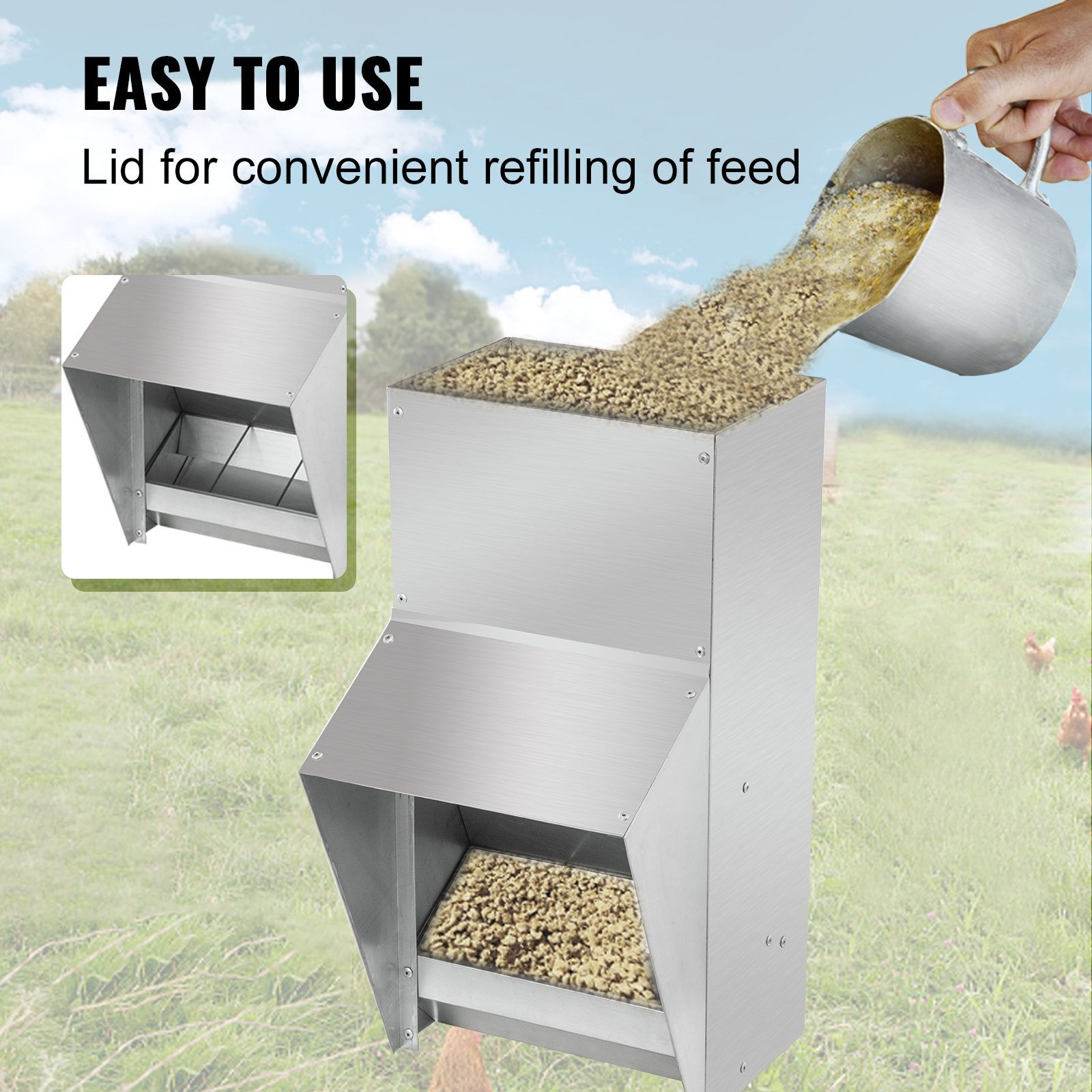 VEVOR Galvanized Poultry Feeder Holds 11.5lbs of Feed Chicken Feeders No Waste 6.3x8.3x12.9in Hanging Chicken Feeder with Lid Weatherproof Outdoor Coop Food Dispenser for Duck