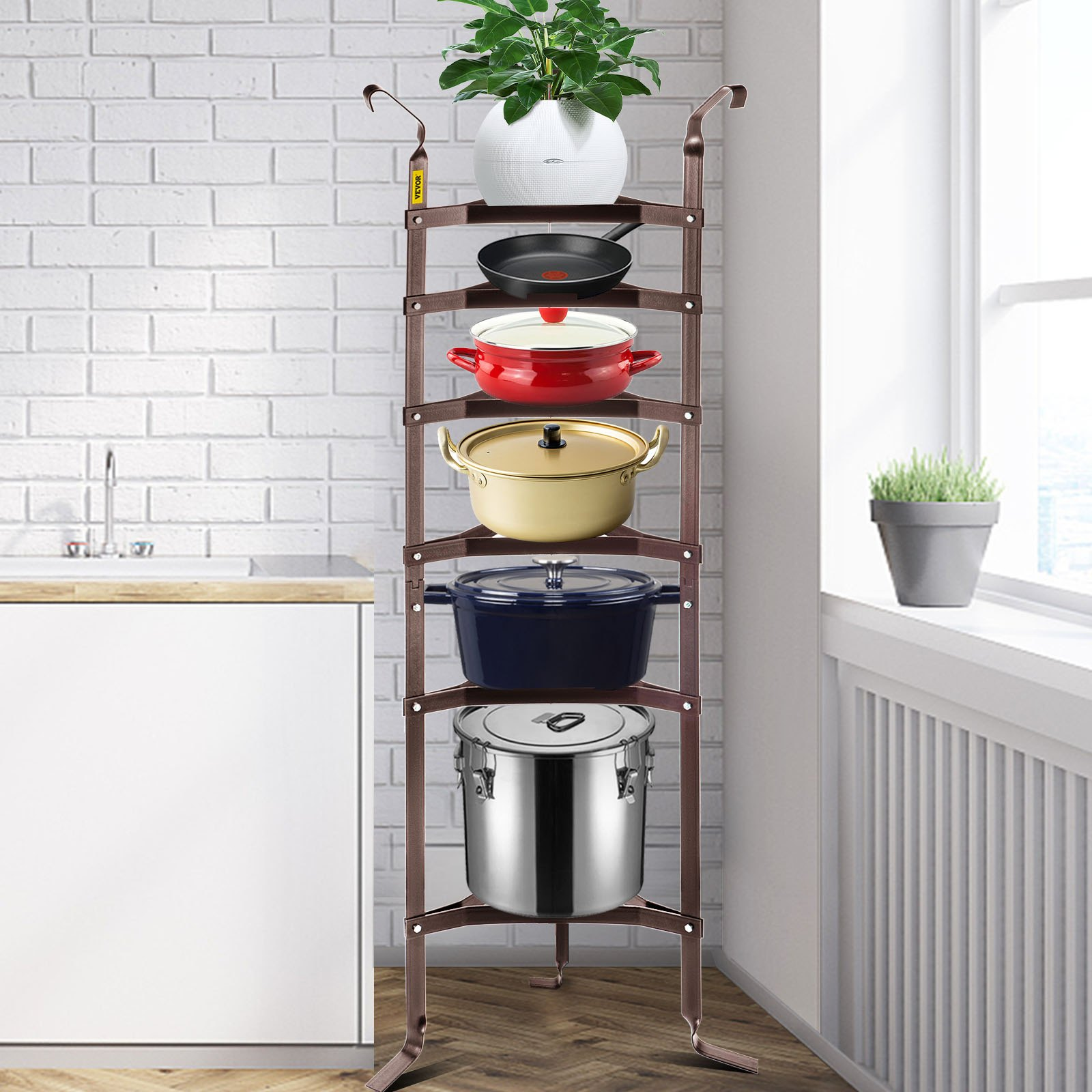 VEVOR 6-Tier Cookware Stand, Carbon Steel Multi-Layer Pot Rack, 61-inch Cookware Shelf, Bronze Cookware Storage Tower, Unassembled Kitchen Corner Shelf Rack for Pans, Pots, Baskets and Kettles Storage