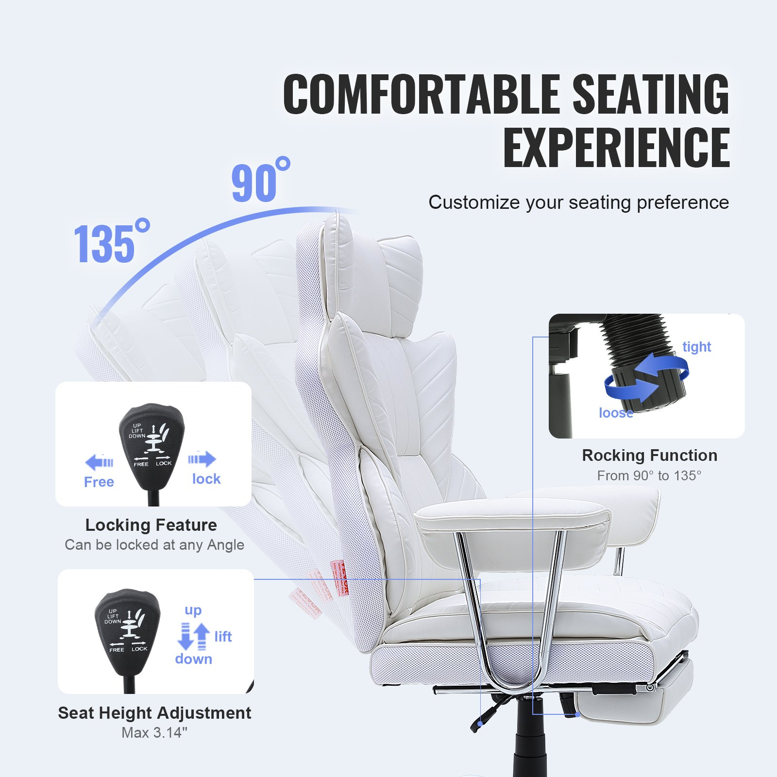 VEVOR Reclining Office Chair with Footrest, Heavy Duty PU Leather Wide Office Chair, Big and Tall Executive Office Chairs with Lumbar Support, Strong Metal Base Quiet Wheels, White