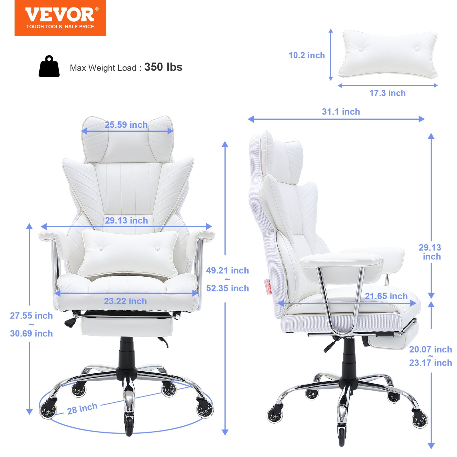 VEVOR Reclining Office Chair with Footrest, Heavy Duty PU Leather Wide Office Chair, Big and Tall Executive Office Chairs with Lumbar Support, Strong Metal Base Quiet Wheels, White