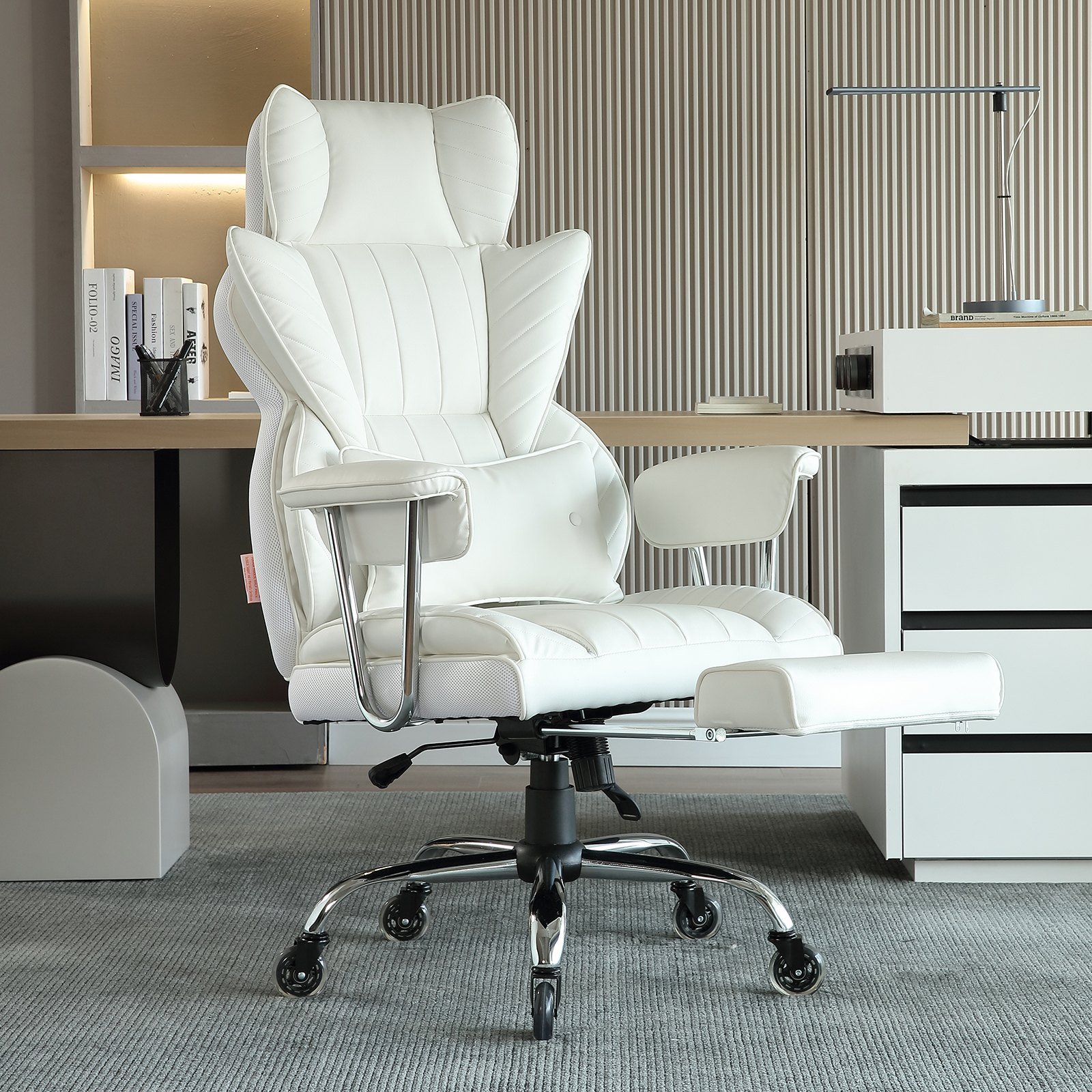 VEVOR Reclining Office Chair with Footrest, Heavy Duty PU Leather Wide Office Chair, Big and Tall Executive Office Chairs with Lumbar Support, Strong Metal Base Quiet Wheels, White