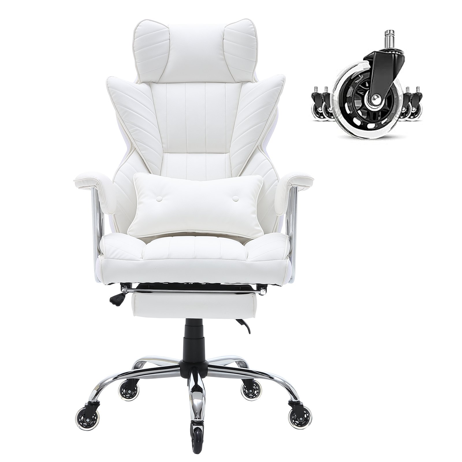 VEVOR Reclining Office Chair with Footrest, Heavy Duty PU Leather Wide Office Chair, Big and Tall Executive Office Chairs with Lumbar Support, Strong Metal Base Quiet Wheels, White