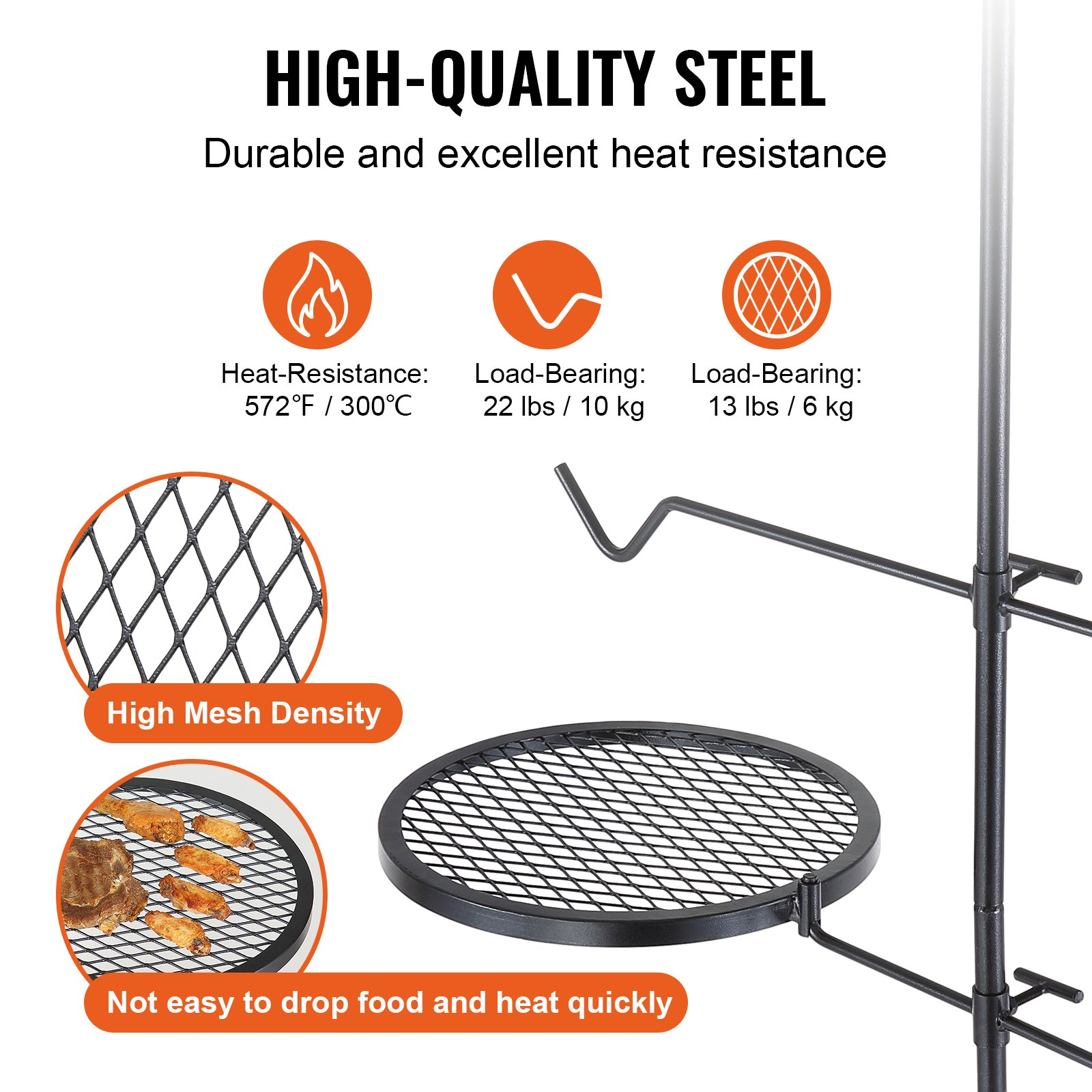 VEVOR Swivel Campfire Grill, Fire Pit Grill Grate over Fire Pits, Heavy Duty Steel Grill Grates, 360° Adjustable Open Fire Outdoor Cooking Equipment, Portable Camp Fire Racks for Camping Outdoor BBQ