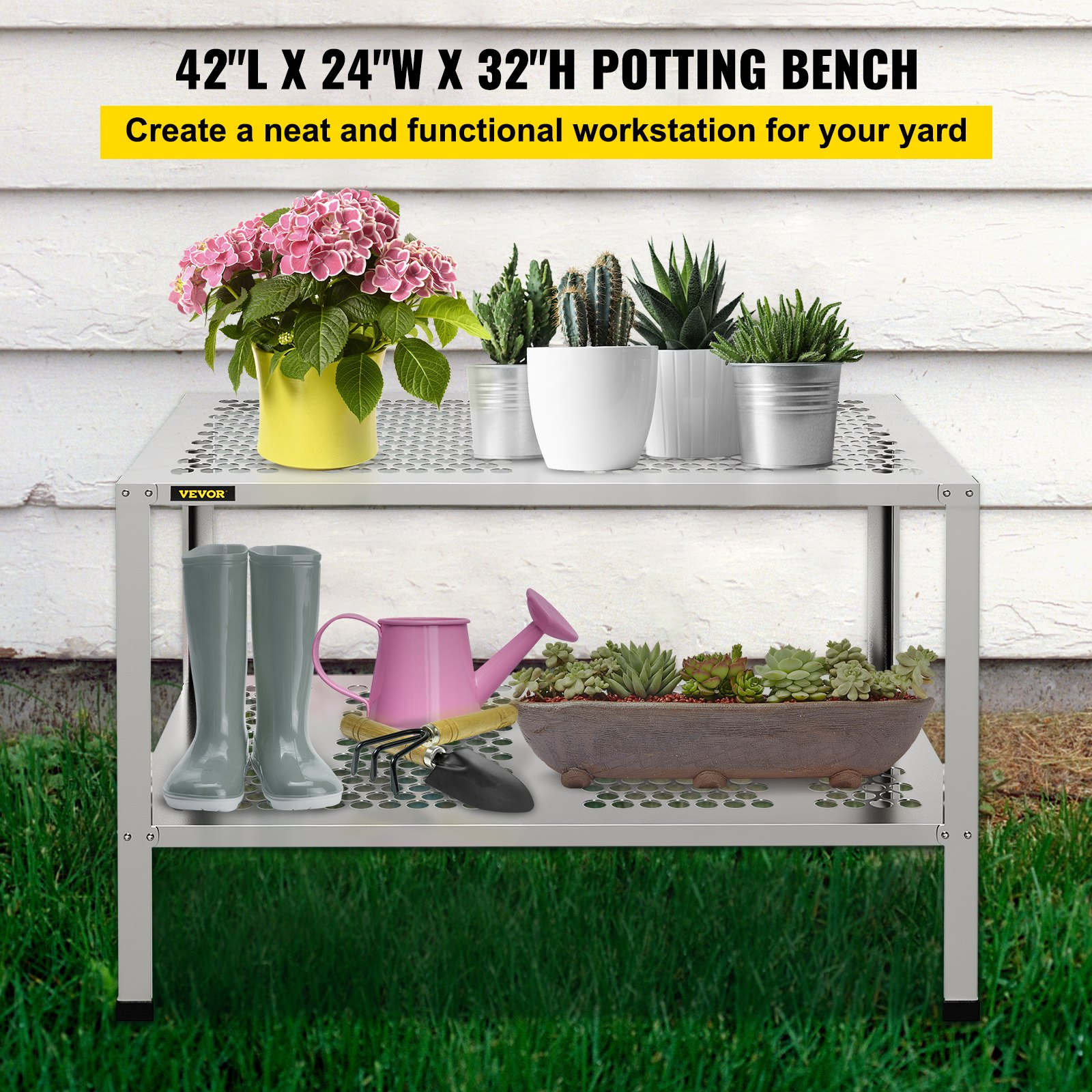 VEVOR Potting Bench, 42" L x 24" W x 32" H, Aluminum Alloy Outdoor Workstation with Rubber Feet, Multi-use Double Layers Gardening Table for Greenhouse, Patio, Porch, Backyard, Silver