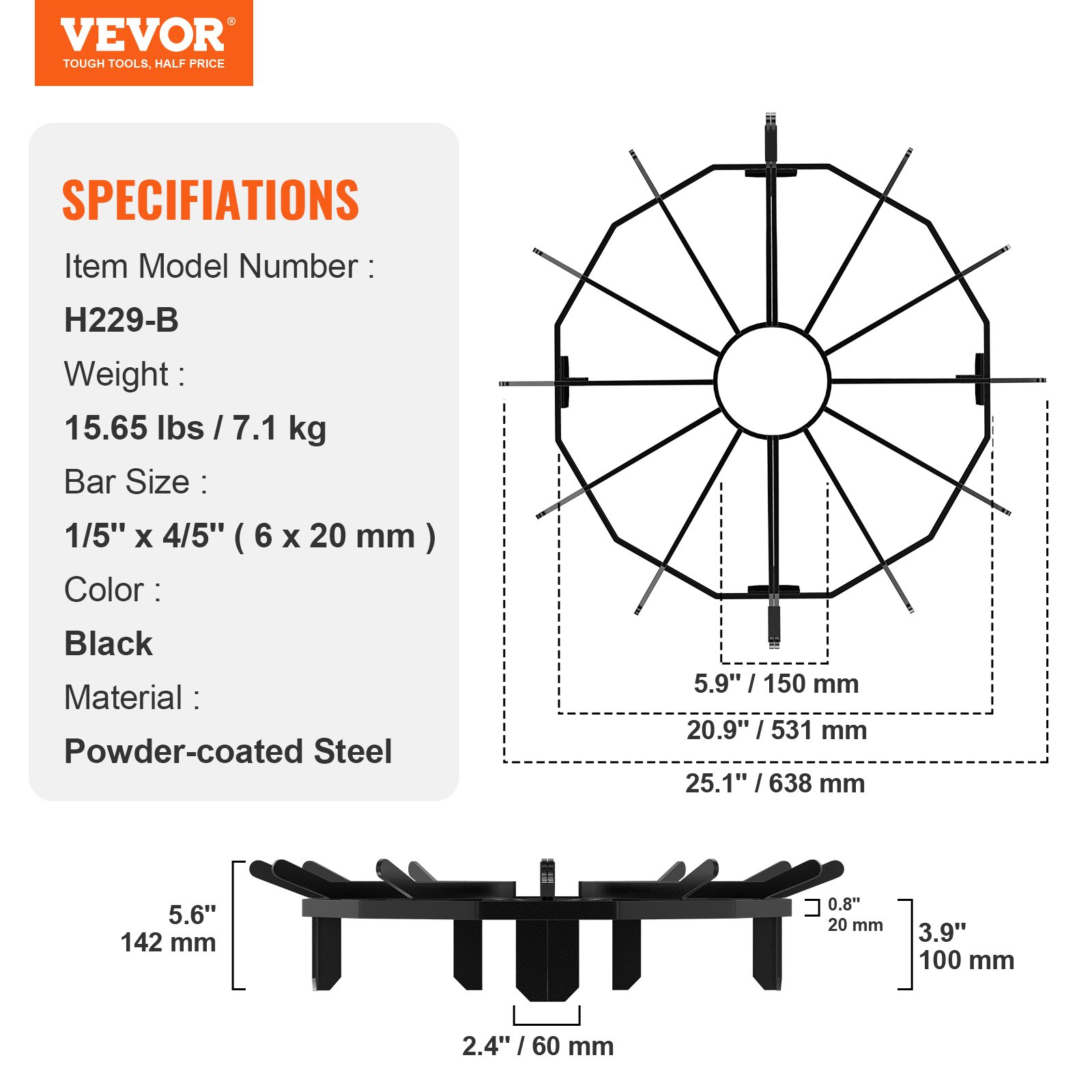 VEVOR Log Grate, 27 inch Heavy Duty Wheel Fire Grate with 6 Support Legs, Solid Powder-coated Steel Bars, Log Firewood Burning Rack Holder for Wood Stove and Outdoor Camping Fire Pit