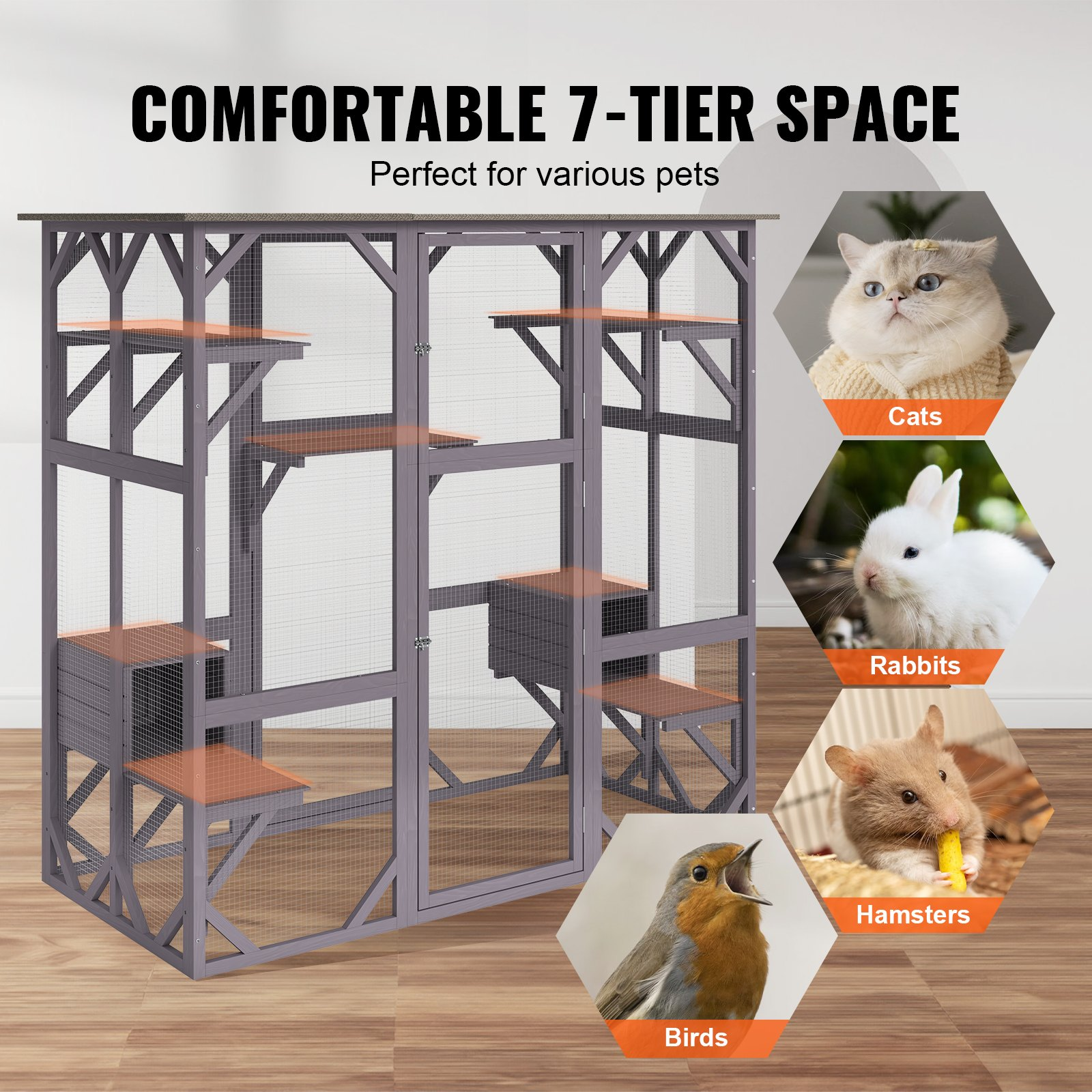 VEVOR Cat House Outdoor, 7-Tier Large Catio, Cat Enclosure with 5 Platforms, 2 Resting Boxes & Large Front Door, 71.2 x 34.6 x 66.5 inch