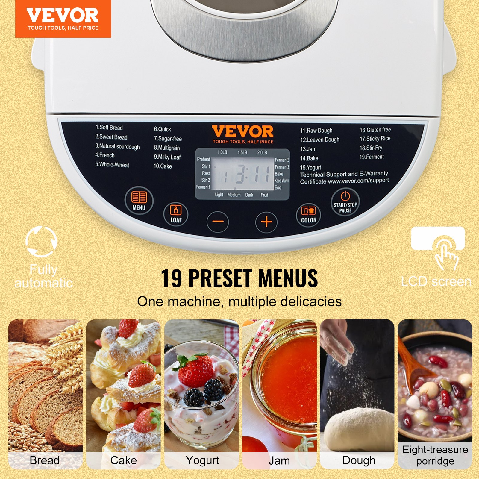 VEVOR Bread Maker, 19-in-1 2LB Dough Machine, Nonstick Ceramic Pan Automatic Breadmaker with Gluten Free Setting, Whole Wheat Bread Making, Digital, Programmable, 3 Loaf Sizes, 3 Crust Colors, White