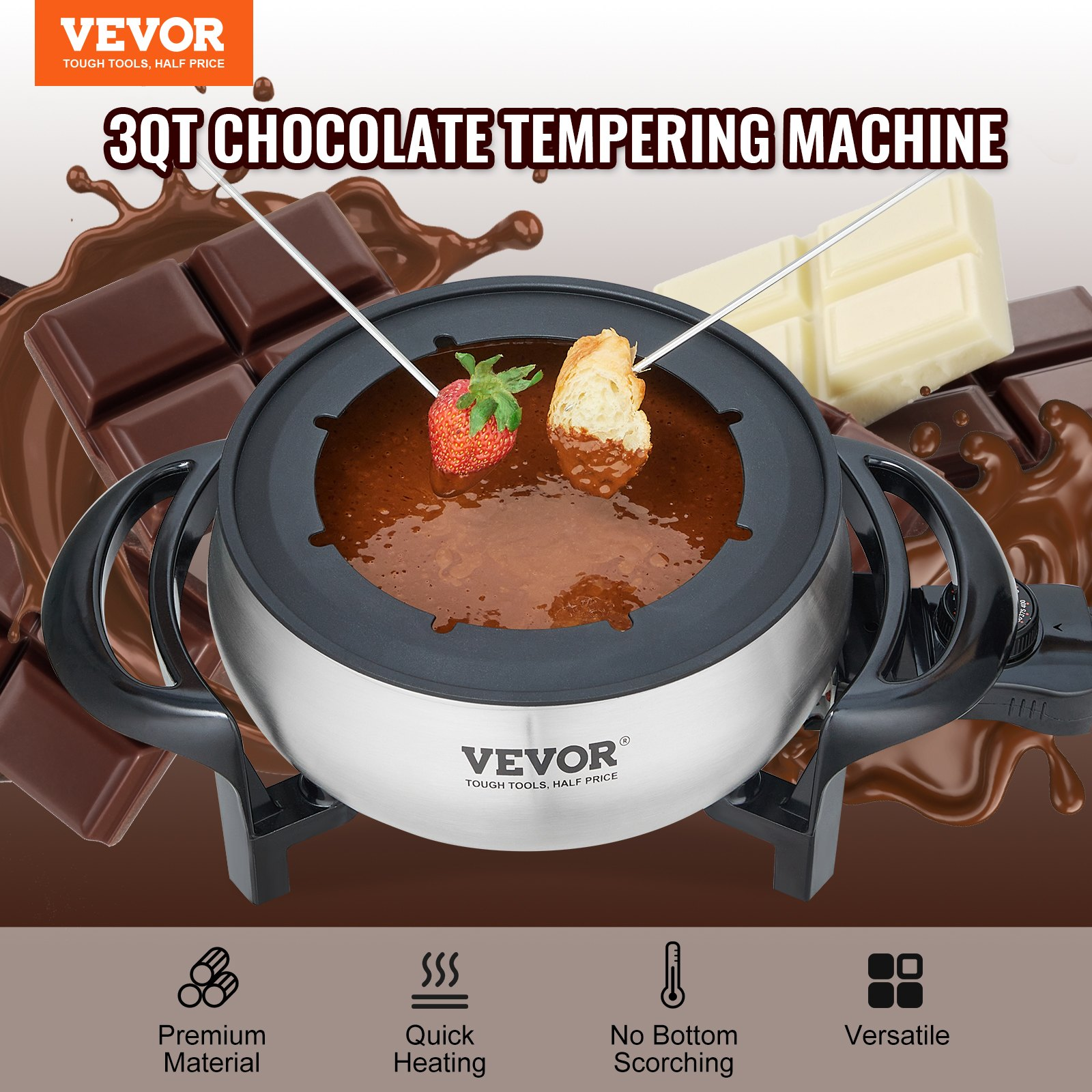 VEVOR Electric Fondue Pot Set for Cheese & Chocolate, 3 Quart Chocolate Melting Warmer, Stainless Steel Fondue Maker with Temperature Control and 8 Forks, for Hors d'Oeuvres, Entrees, and Desserts