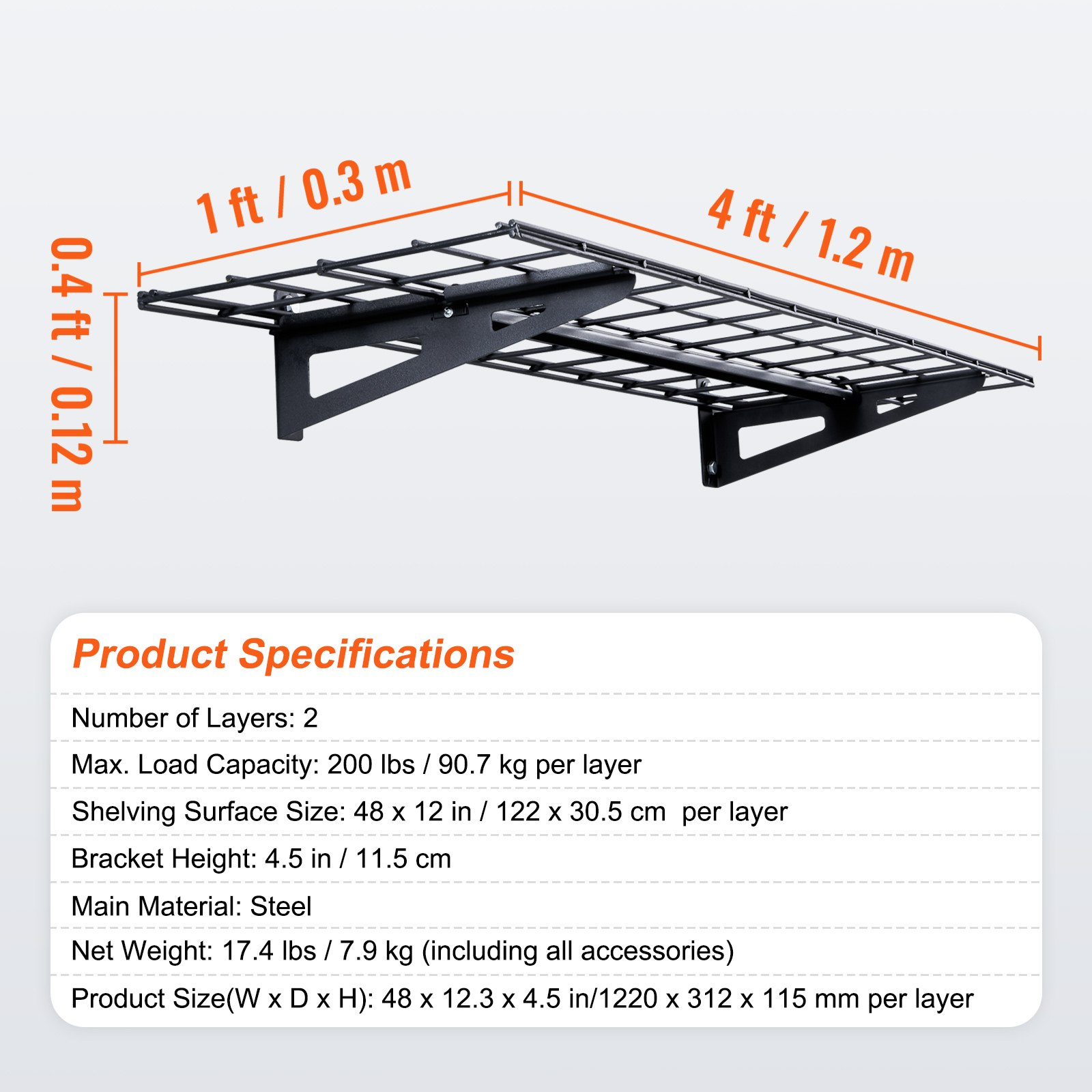 VEVOR Garage Storage Shelving, 2 Pack, 4 x 1 ft Heavy Duty Garage Shelves Wall Mounted, 400 lbs Load Capacity(Total) Garage Storage Rack Floating Shelves, Suitable for Shop, Shed, Garage Storage