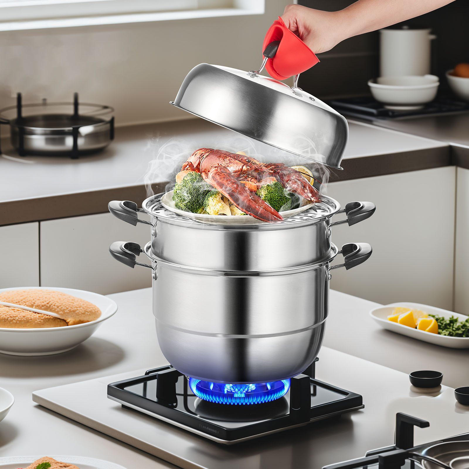 VEVOR Steamer Pot 11in/28cm, 3 Tier Steamer Pot for Cooking with 8.5QT Stock Pot, Vegetable Steamer & 2 Steaming Tray, Food-Grade 304 Stainless Steel Food Steamer Cookware for Gas Electric Stove Grill