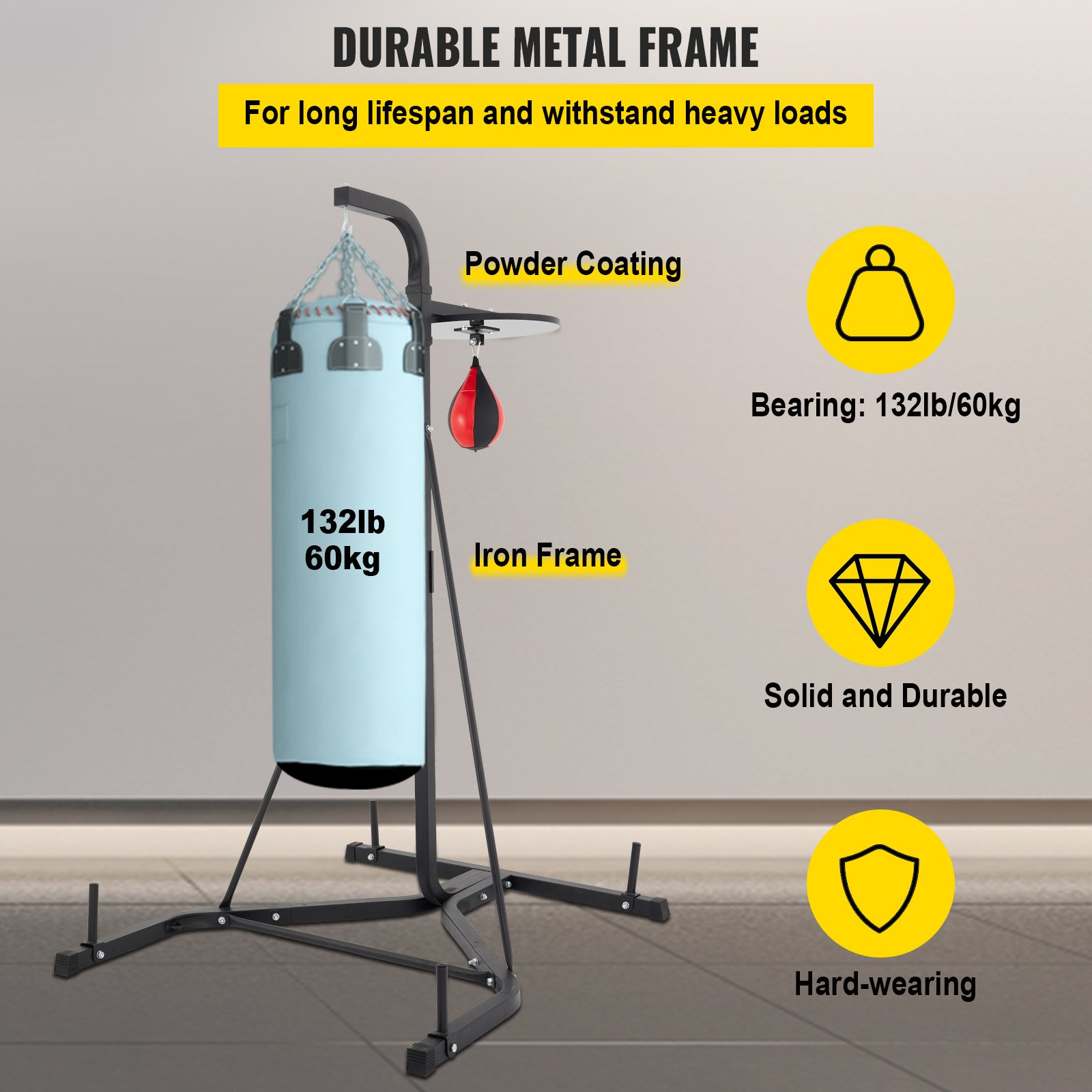 VEVOR Heavy Bag Stand with Speed Ball , Height Adjustable Punching Bag Stand, Foldable Boxing Bag Stand Steel Sandbag Rack Freestanding Up to 132 lbs for Home and Gym Fitness.