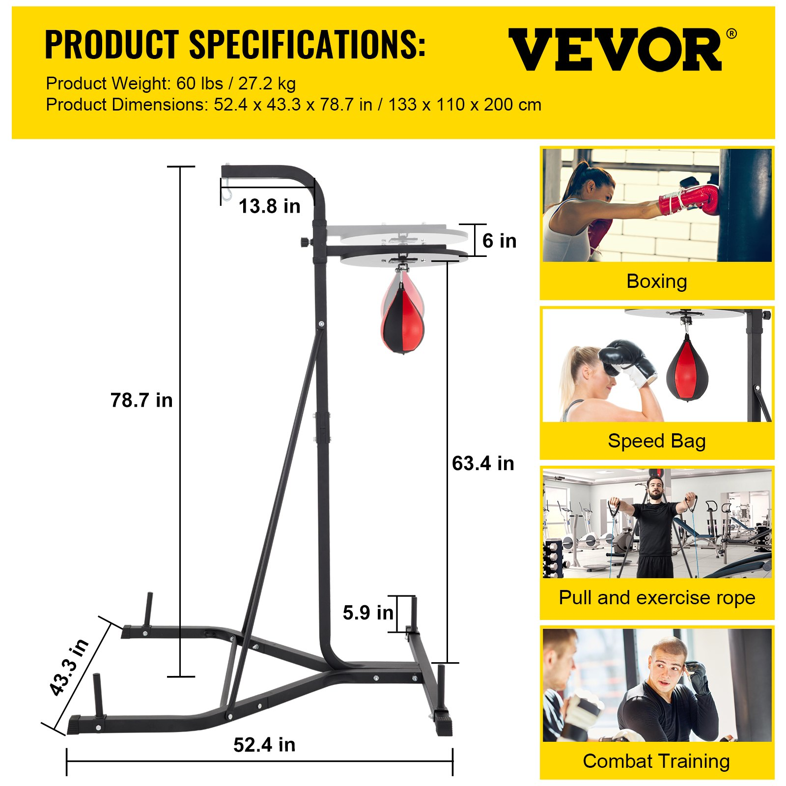 VEVOR Heavy Bag Stand with Speed Ball , Height Adjustable Punching Bag Stand, Foldable Boxing Bag Stand Steel Sandbag Rack Freestanding Up to 132 lbs for Home and Gym Fitness.