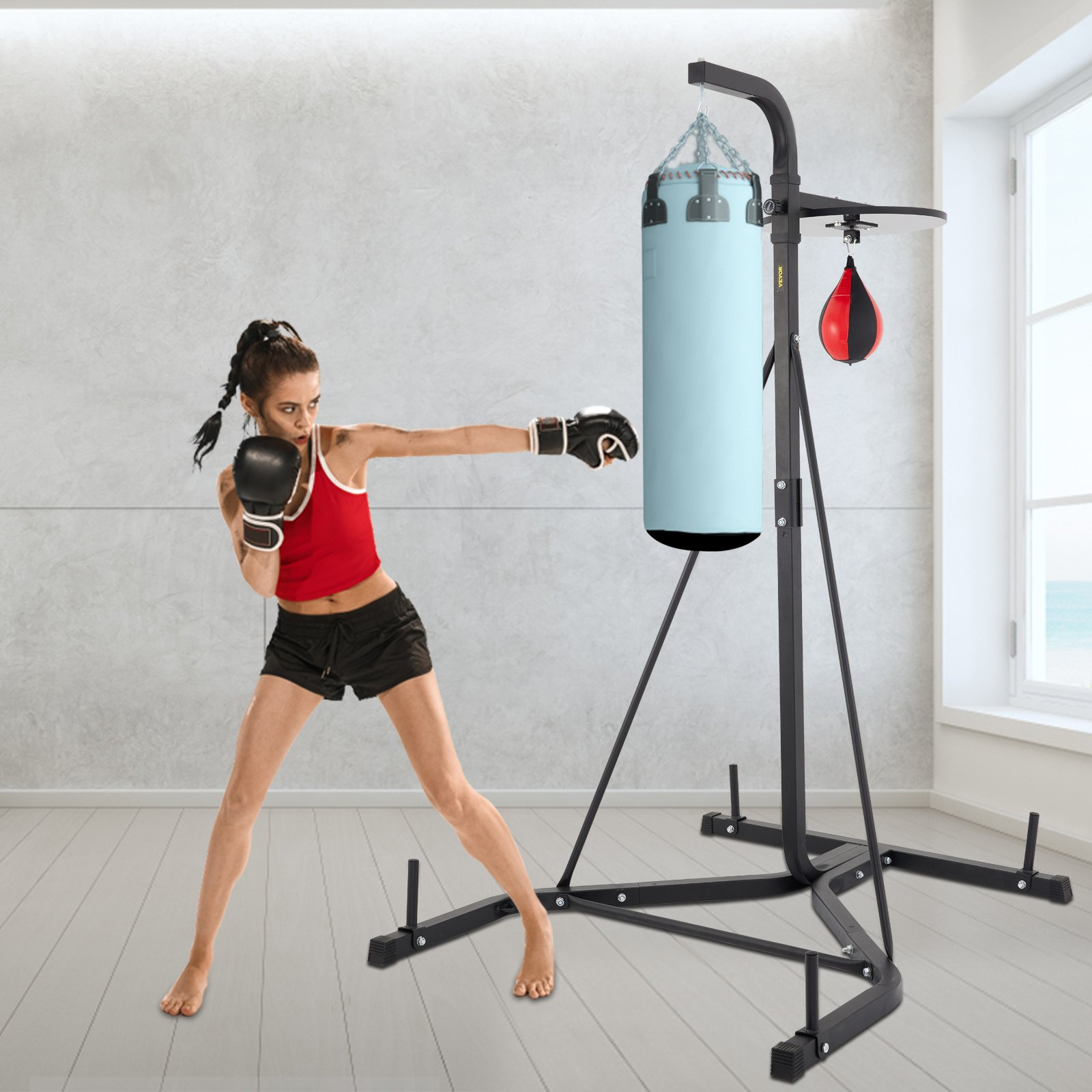 VEVOR Heavy Bag Stand with Speed Ball , Height Adjustable Punching Bag Stand, Foldable Boxing Bag Stand Steel Sandbag Rack Freestanding Up to 132 lbs for Home and Gym Fitness.