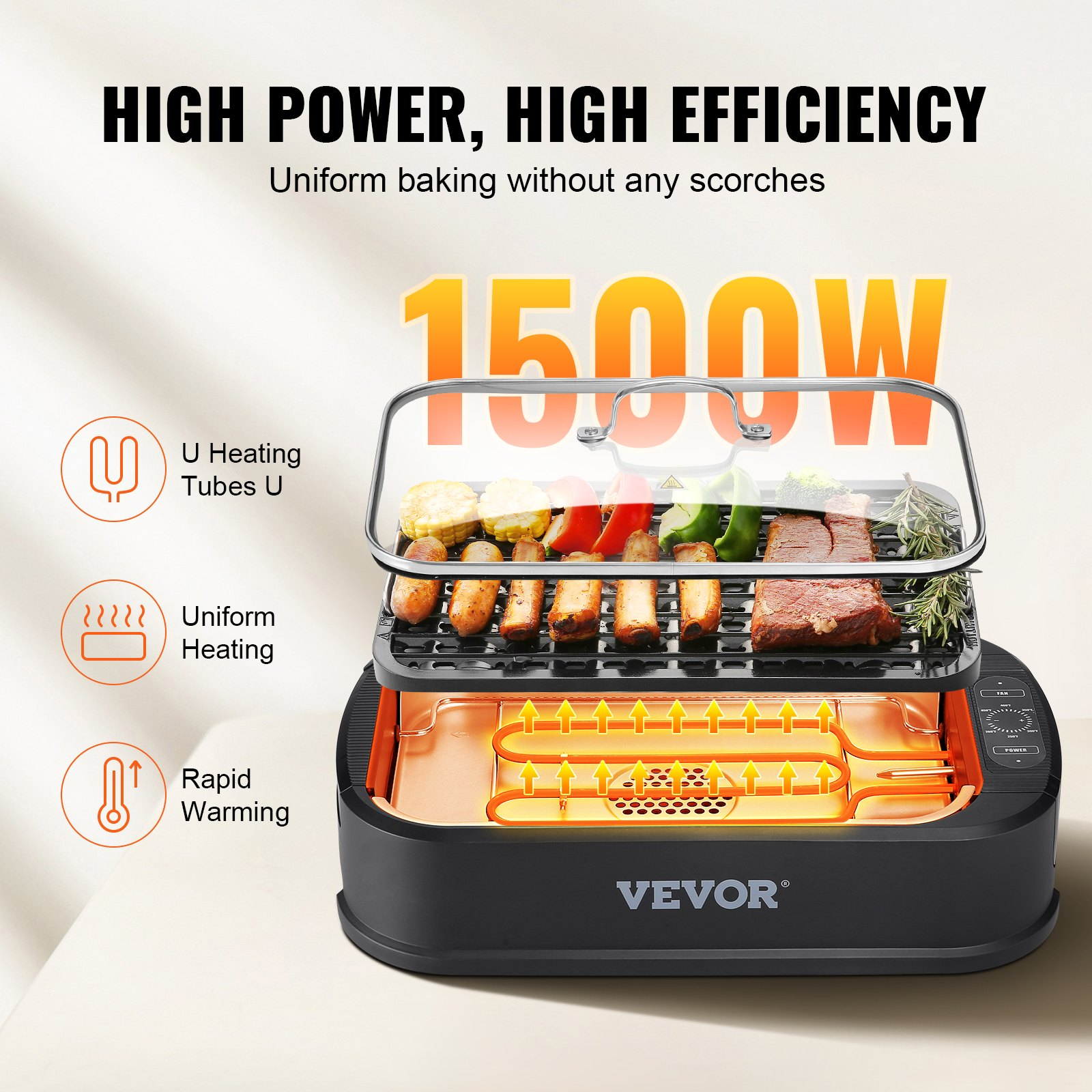 VEVOR Smokeless Indoor Grill, 110 sq.in 1500W Electric BBQ Grill with Non-Stick Surface, Adjustable Temperature, Turbo Smoke Extractor, Detachable Dishwasher-safe Smokeless Grill for Party Camping