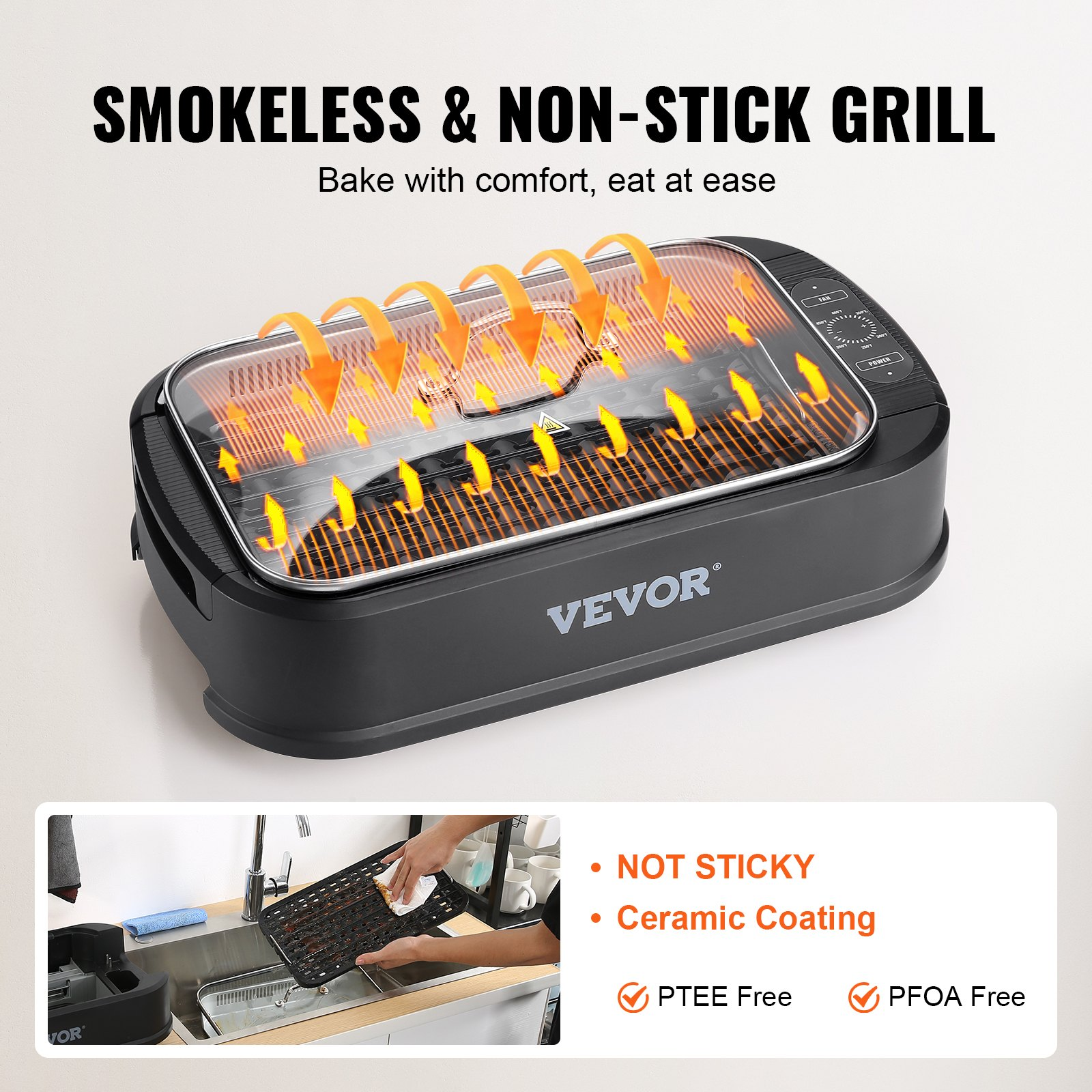 VEVOR Smokeless Indoor Grill, 110 sq.in 1500W Electric BBQ Grill with Non-Stick Surface, Adjustable Temperature, Turbo Smoke Extractor, Detachable Dishwasher-safe Smokeless Grill for Party Camping