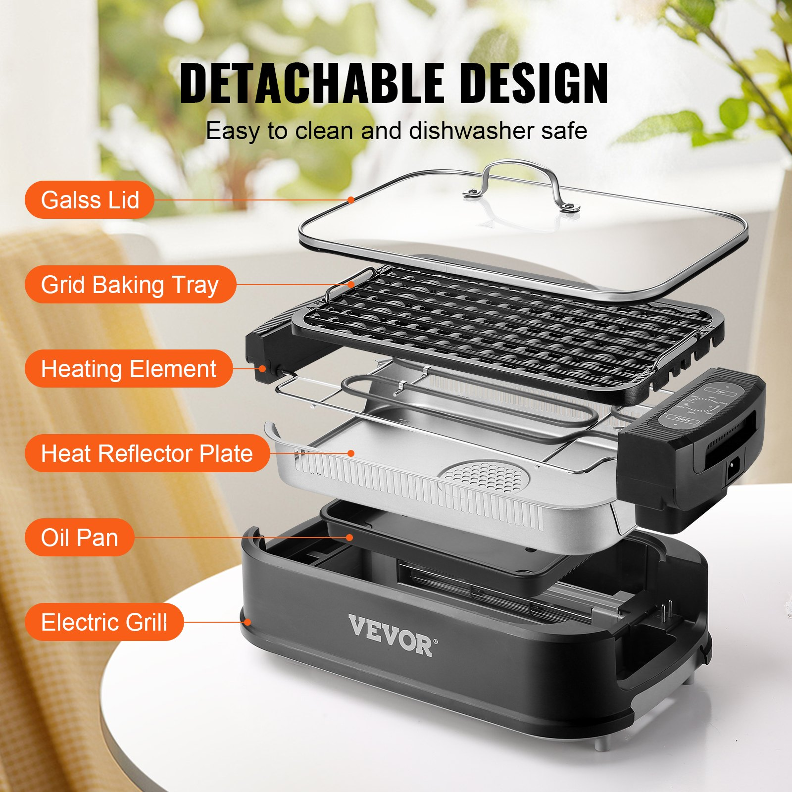 VEVOR Smokeless Indoor Grill, 110 sq.in 1500W Electric BBQ Grill with Non-Stick Surface, Adjustable Temperature, Turbo Smoke Extractor, Detachable Dishwasher-safe Smokeless Grill for Party Camping