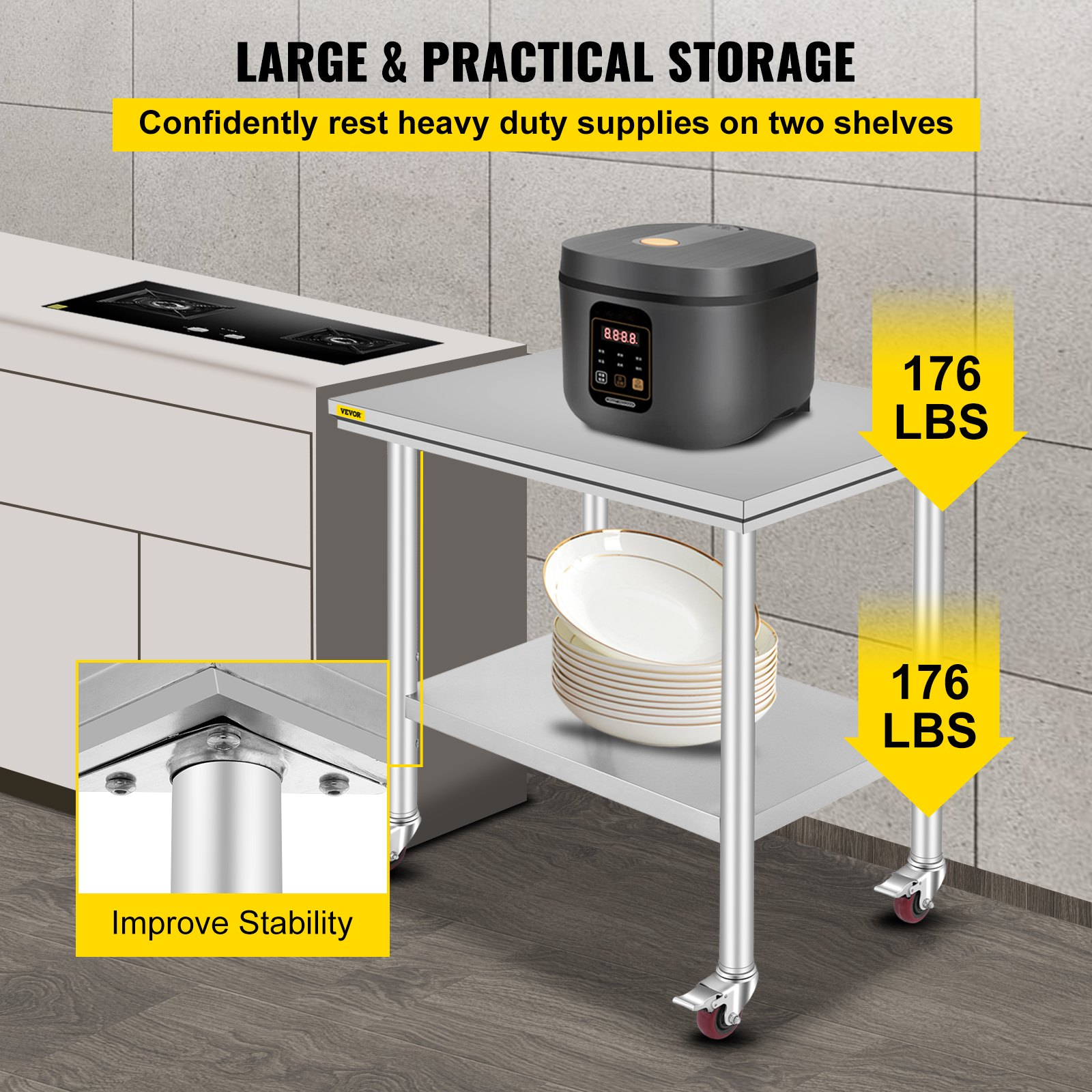 VEVOR Stainless Steel Work Table 36x24 Inch with 4 Wheels Commercial Food Prep Worktable with Casters Heavy Duty Work Table for Commercial Kitchen Restaurant