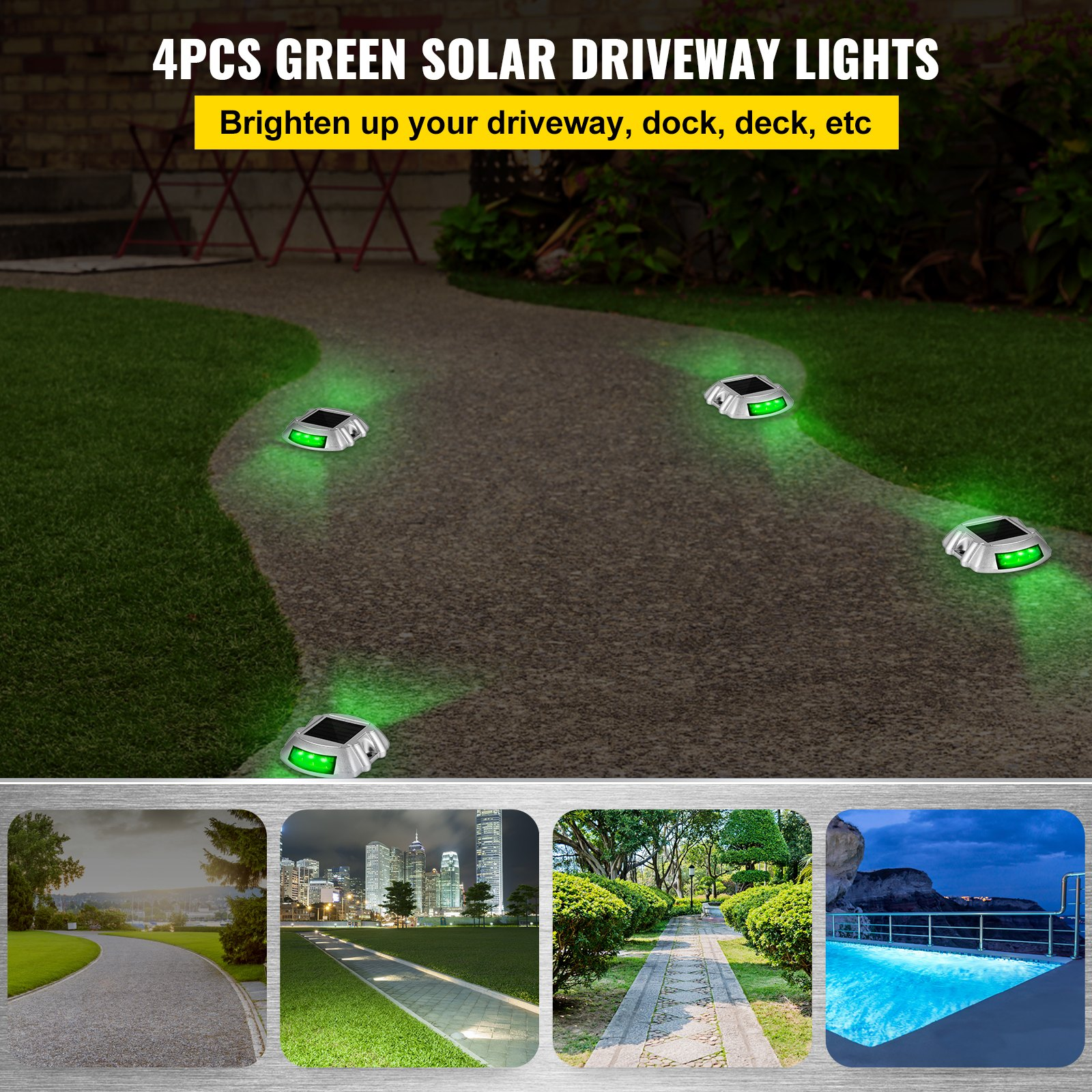 Vevor Driveway Lights, 4-Pack Solar Driveway Lights with Switch Button, Solar Deck Lights Waterproof, Wireless Dock Lights 6 LEDs for Path Warning Garden Walkway Sidewalk Steps, LED Bright Green