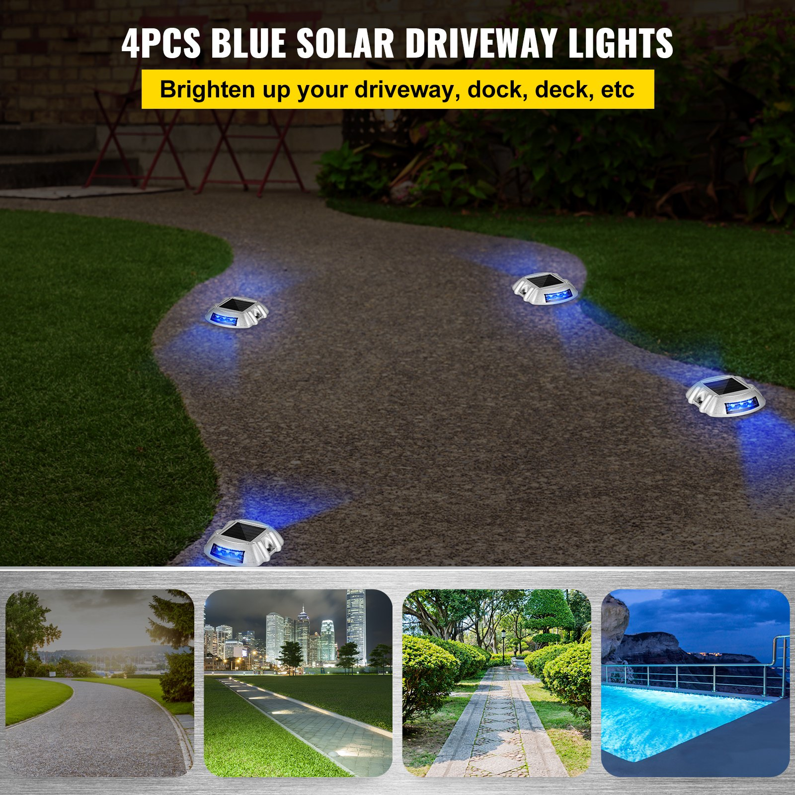 VEVOR Driveway Lights 4-Pack, Solar Driveway Lights with Switch Button, Solar Deck Lights Waterproof, Wireless Dock Lights 6 LEDs for Path Warning Garden Walkway Sidewalk Steps, LED Bright Blue