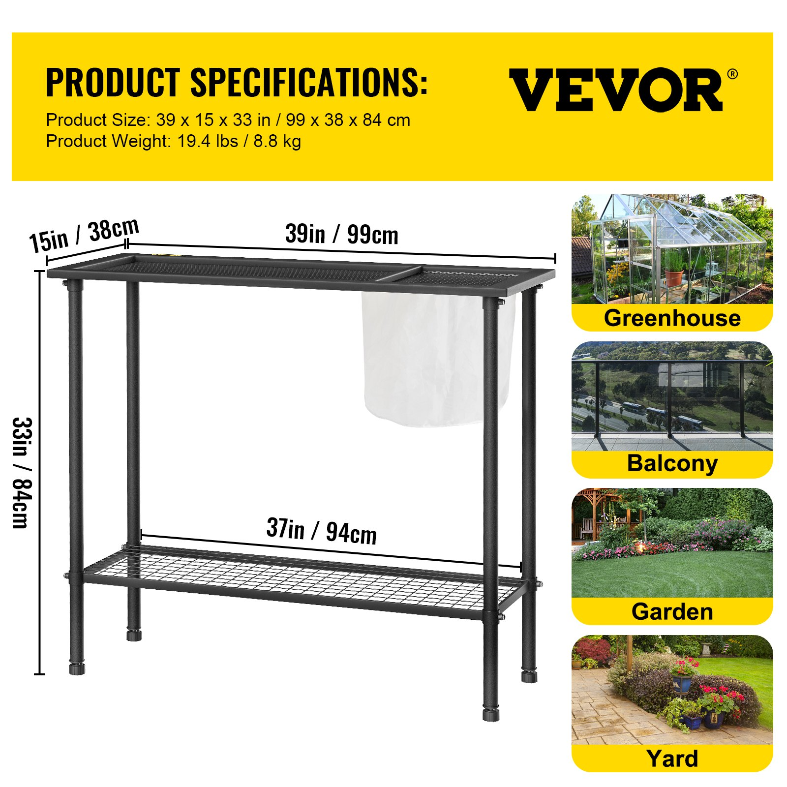 VEVOR Potting Bench, 39" L x 15" W x 33" H, Steel Outdoor Workstation with Rubber Feet & Mesh Bag, Multi-use Double Layers Gardening Table for Greenhouse, Patio, Porch, Backyard, Black