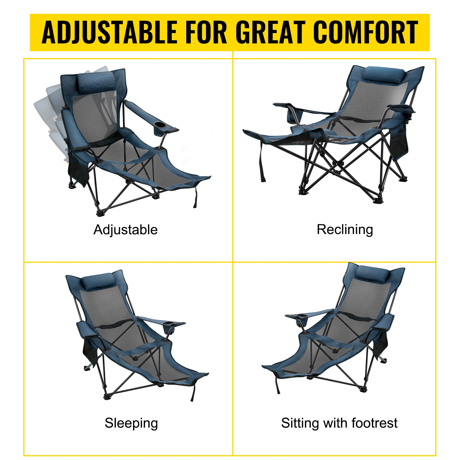 VEVOR Folding Camp Chair with Footrest Mesh, Portable Lounge Chair with Cup Holder and Storage Bag, for Camping Fishing and Other Outdoor Activities (Blue)