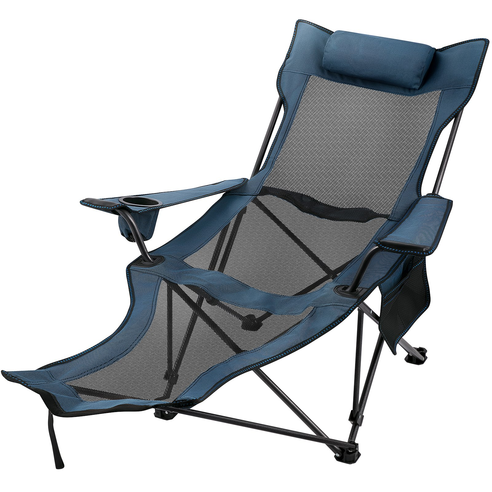 VEVOR Folding Camp Chair with Footrest Mesh, Portable Lounge Chair with Cup Holder and Storage Bag, for Camping Fishing and Other Outdoor Activities (Blue)