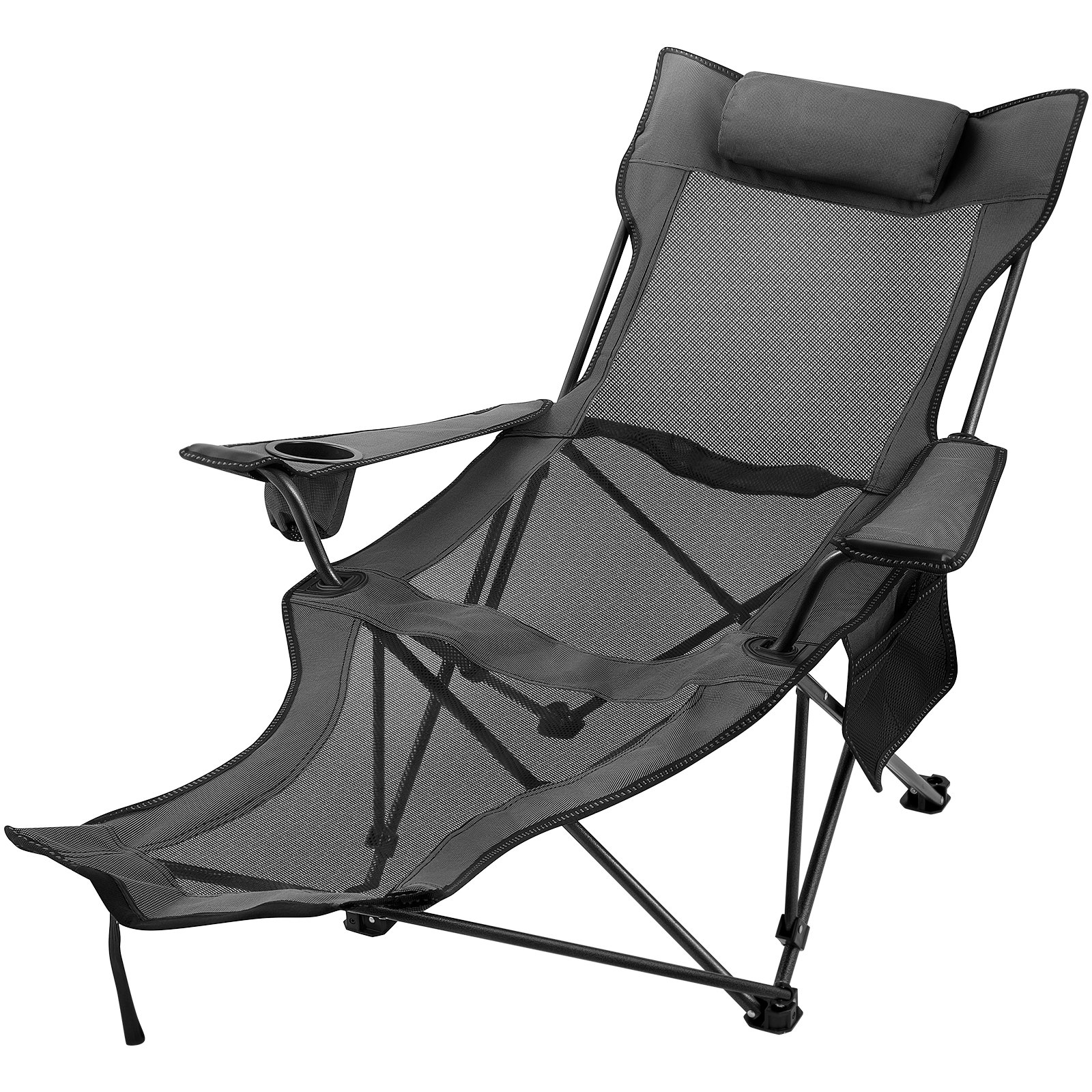 VEVOR Folding Camp Chair with Footrest Mesh, Portable Lounge Chair with Cup Holder and Storage Bag, for Camping Fishing and Other Outdoor Activities (Grey)