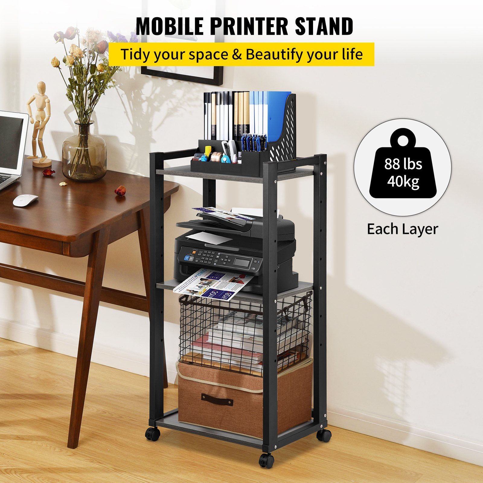 VEVOR Printer Stand, 3-Tier Rolling Printer Cart, Adjustable Storage Shelf Rack on Lockable Wheels, 19.69x 13.78x 42 inch Printer Table for Home Office Small Spaces Organization, Black