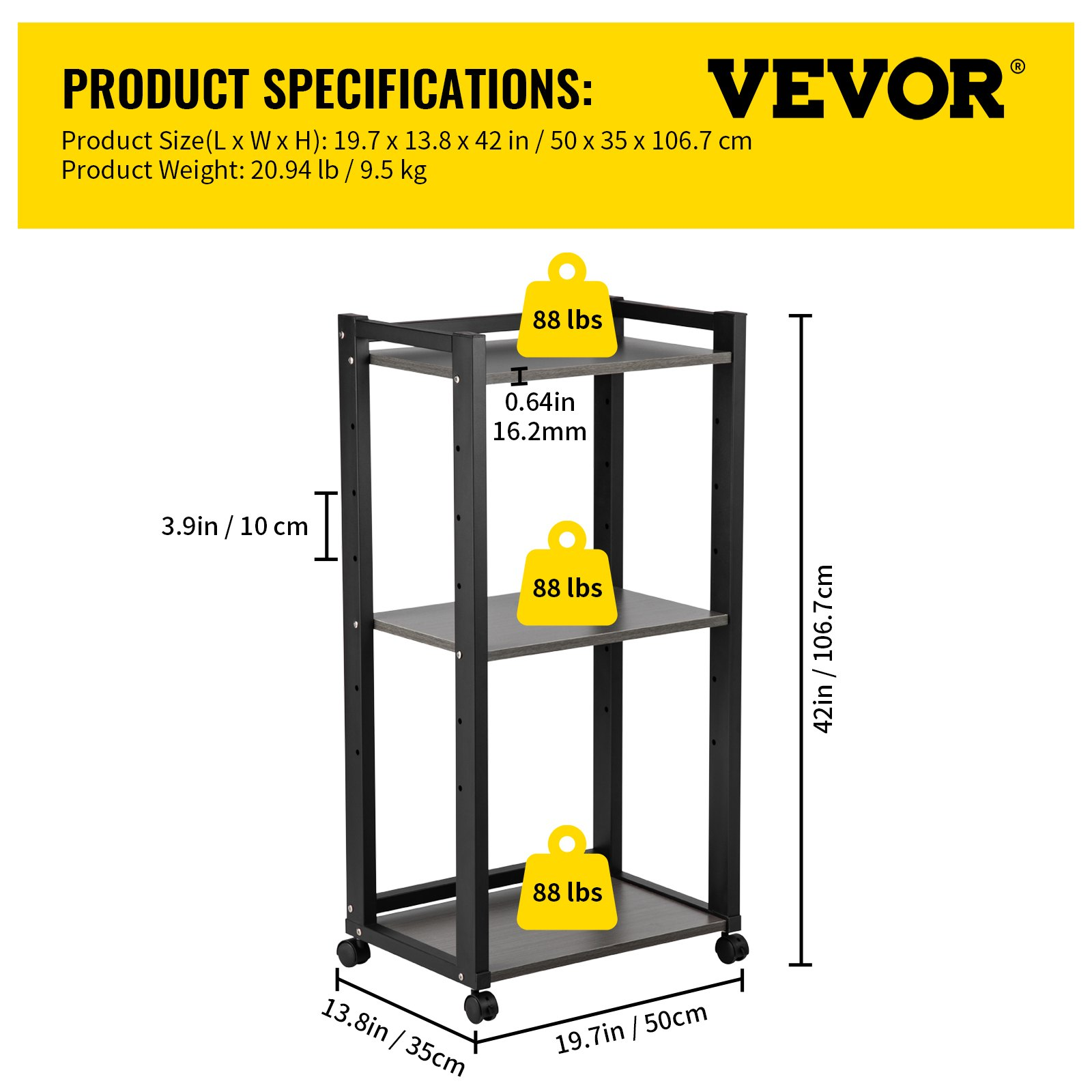 VEVOR Printer Stand, 3-Tier Rolling Printer Cart, Adjustable Storage Shelf Rack on Lockable Wheels, 19.69x 13.78x 42 inch Printer Table for Home Office Small Spaces Organization, Black