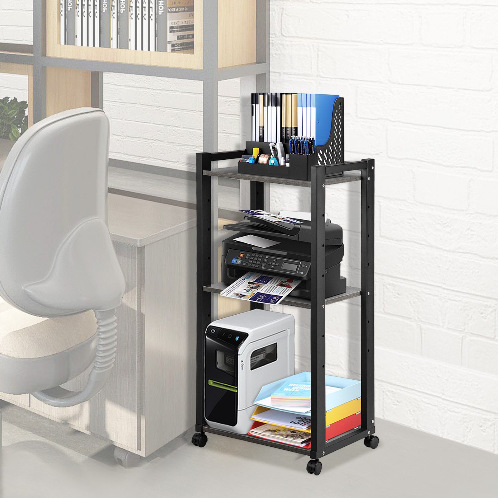 VEVOR Printer Stand, 3-Tier Rolling Printer Cart, Adjustable Storage Shelf Rack on Lockable Wheels, 19.69x 13.78x 42 inch Printer Table for Home Office Small Spaces Organization, Black