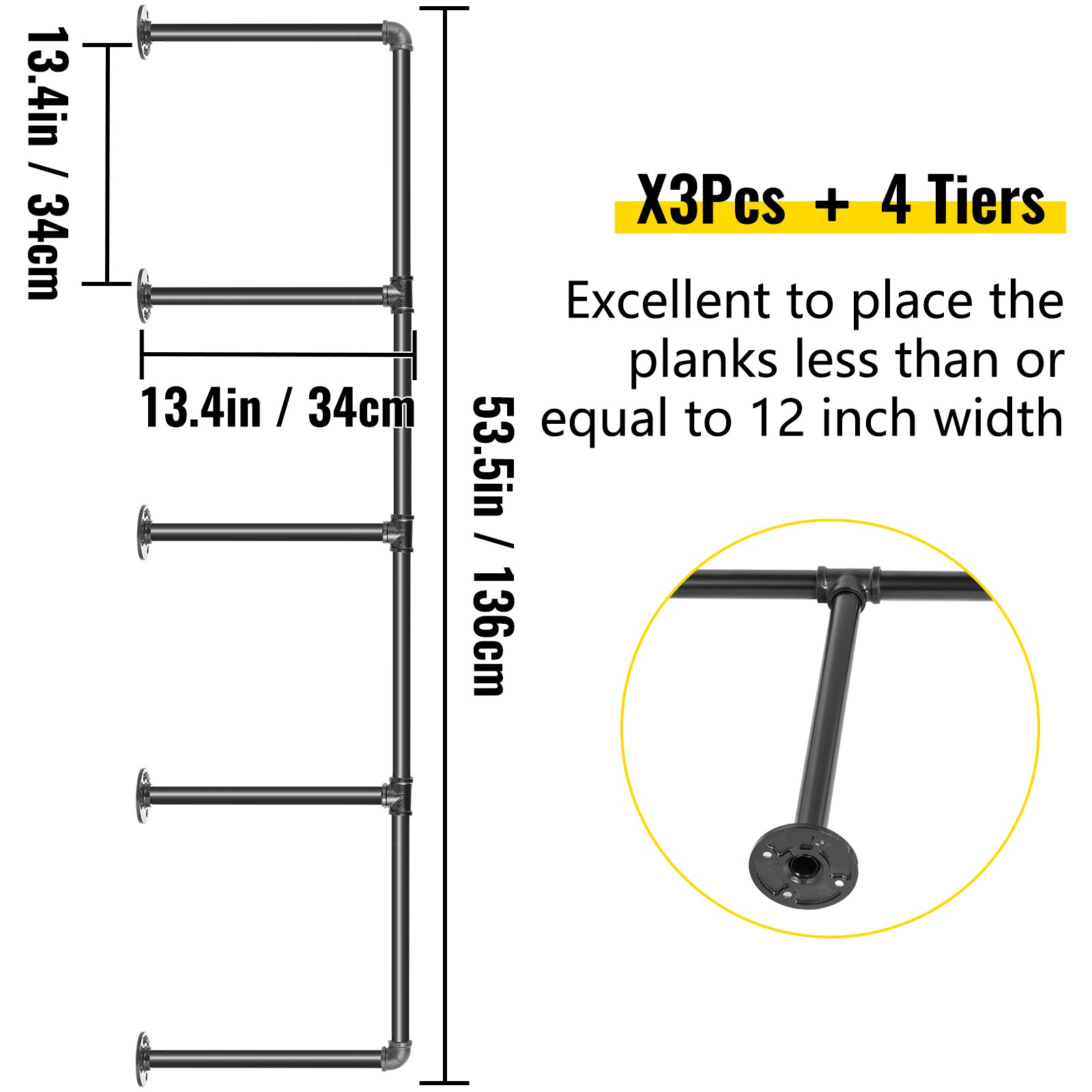 VEVOR Industrial Pipe Shelves 4-Tier Wall Mount Iron Pipe Shelves 3 PCS Pipe Shelving Vintage Black DIY Pipe Bookshelf Each Holds 44lbs Open Kitchen Shelving for Bedroom & Living Room W/Accessories