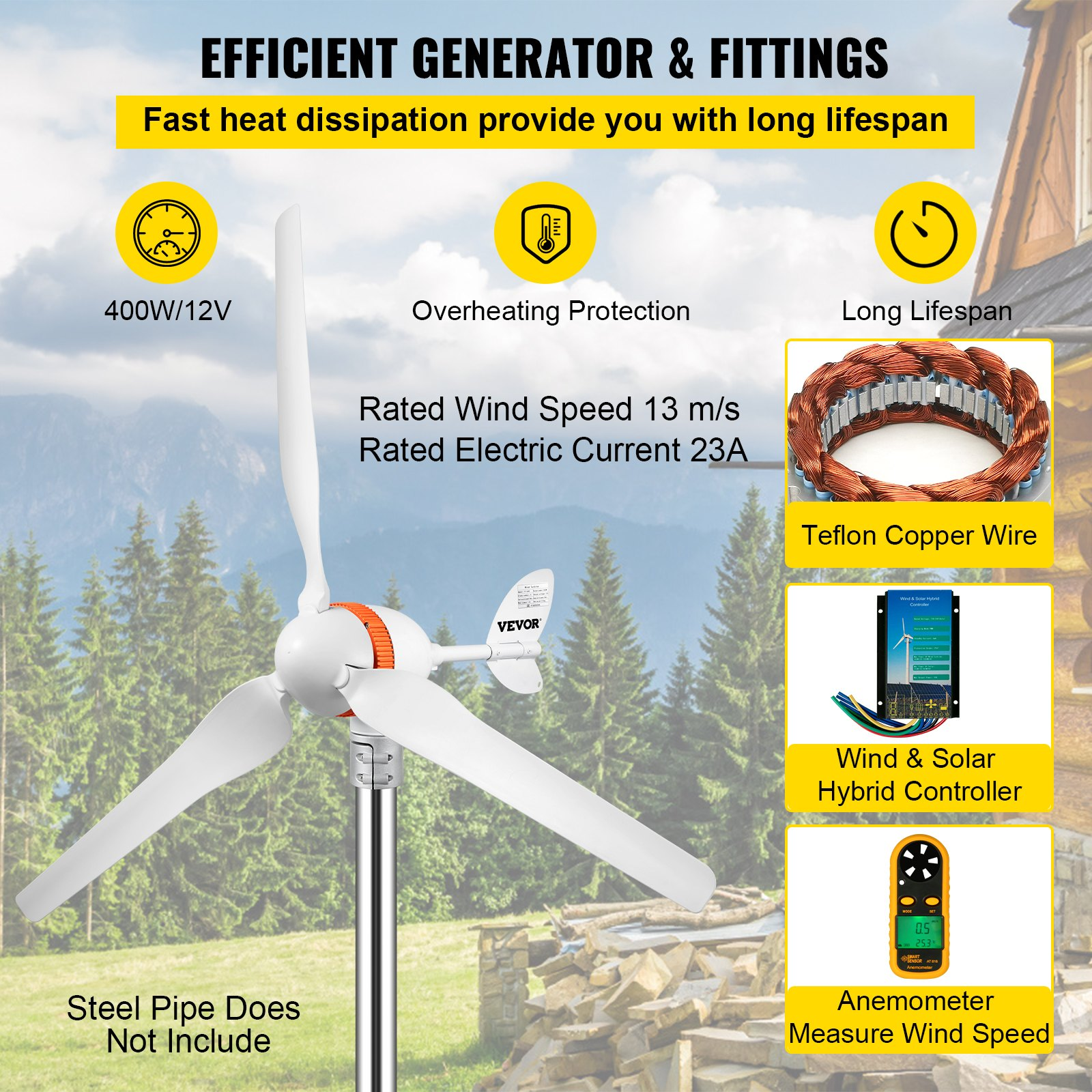 VEVOR Wind Turbine Generator, 12V/AC Wind Turbine Kit, 400W Wind Power Generator w/Wind & Solar Controller 3 Blades Auto Adjust Windward Direction Suitable for Terrace, Marine, Motorhome, Chalet, Boat