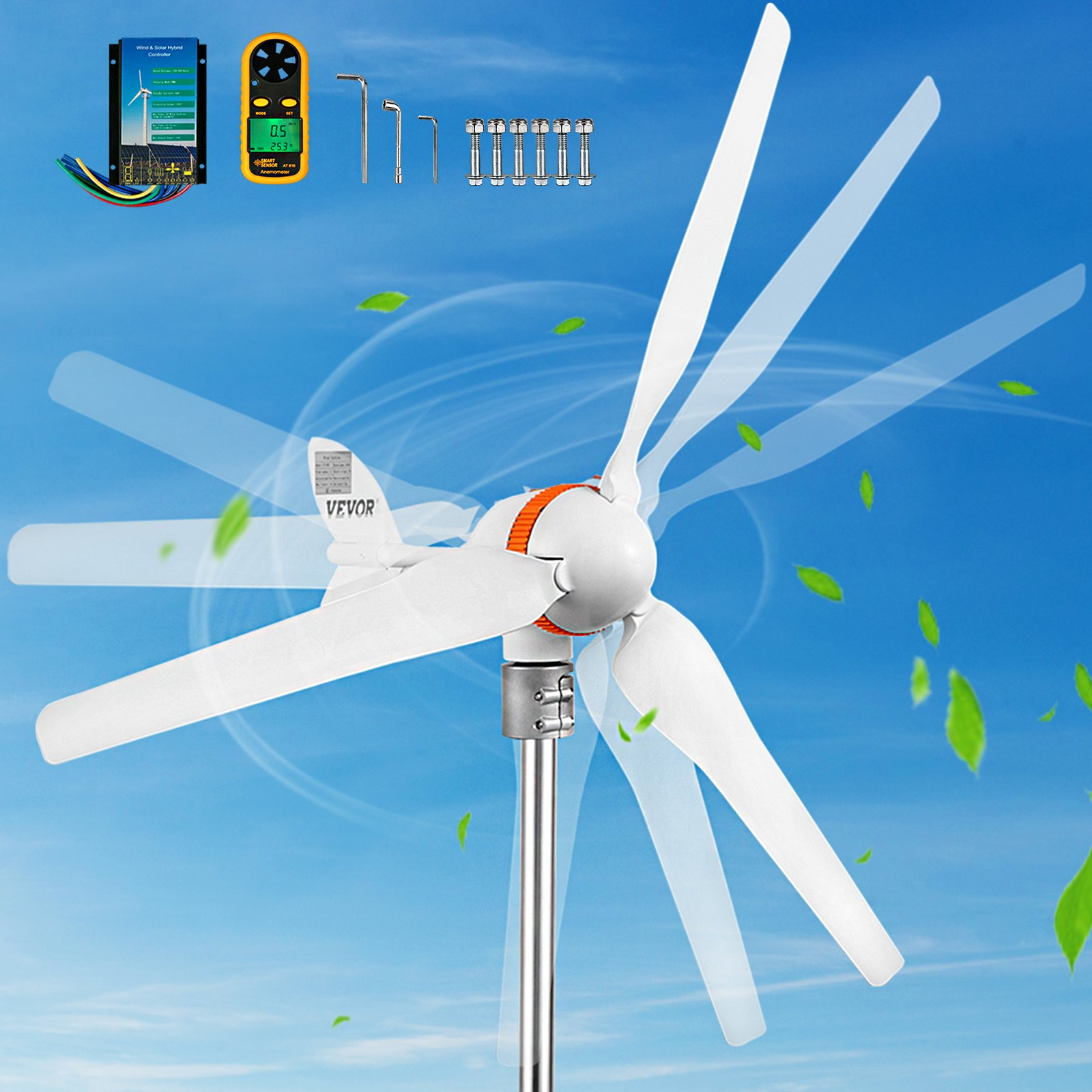 VEVOR Wind Turbine Generator, 12V/AC Wind Turbine Kit, 400W Wind Power Generator w/Wind & Solar Controller 3 Blades Auto Adjust Windward Direction Suitable for Terrace, Marine, Motorhome, Chalet, Boat