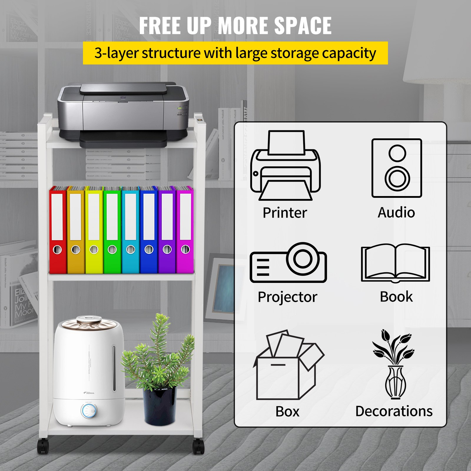 VEVOR Printer Stand, 3-Tier Rolling Printer Cart, Adjustable Storage Shelf Rack on Lockable Wheels, 19.69x 13.78x 42 inch Printer Table for Home Office Small Spaces Organization, White