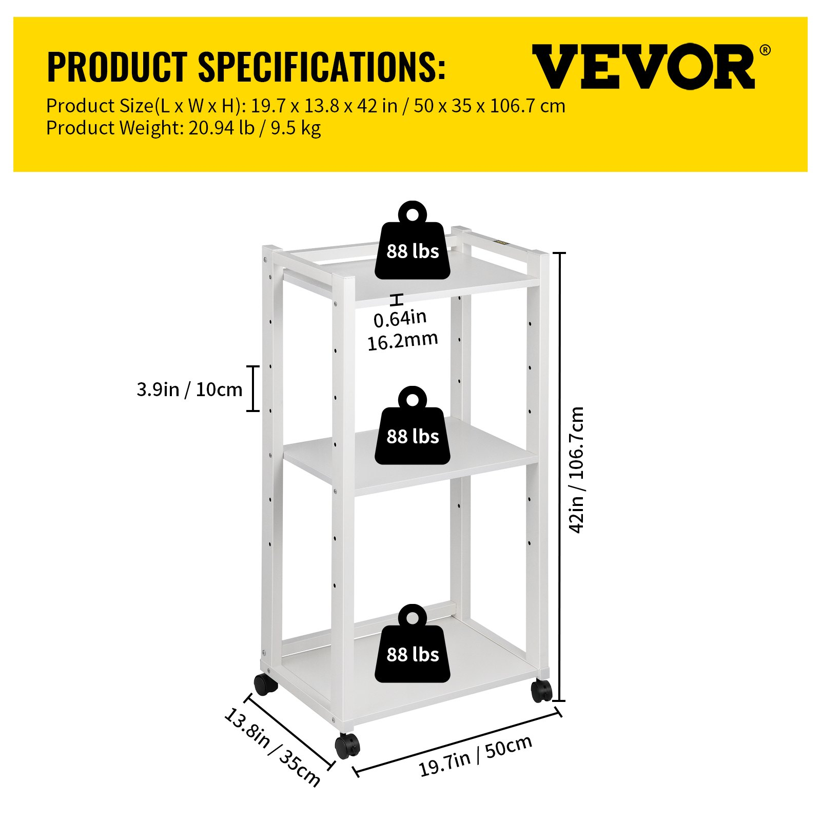 VEVOR Printer Stand, 3-Tier Rolling Printer Cart, Adjustable Storage Shelf Rack on Lockable Wheels, 19.69x 13.78x 42 inch Printer Table for Home Office Small Spaces Organization, White