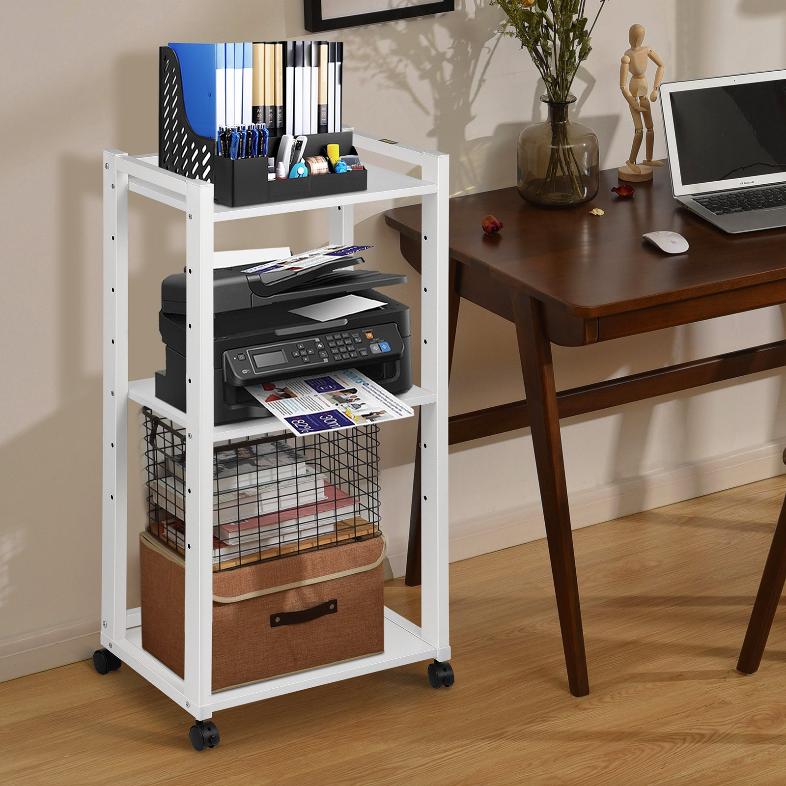 VEVOR Printer Stand, 3-Tier Rolling Printer Cart, Adjustable Storage Shelf Rack on Lockable Wheels, 19.69x 13.78x 42 inch Printer Table for Home Office Small Spaces Organization, White