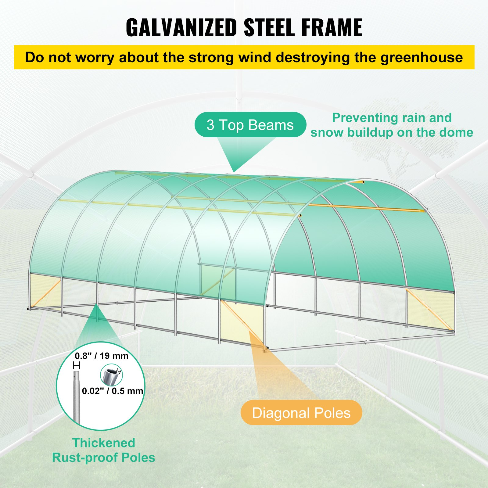 VEVOR Walk-in Tunnel Greenhouse, 20 x 10 x 7 ft Portable Plant Hot House w/ Galvanized Steel Hoops, 3 Top Beams, Diagonal Poles, 2 Zippered Doors & 12 Roll-up Windows, Green