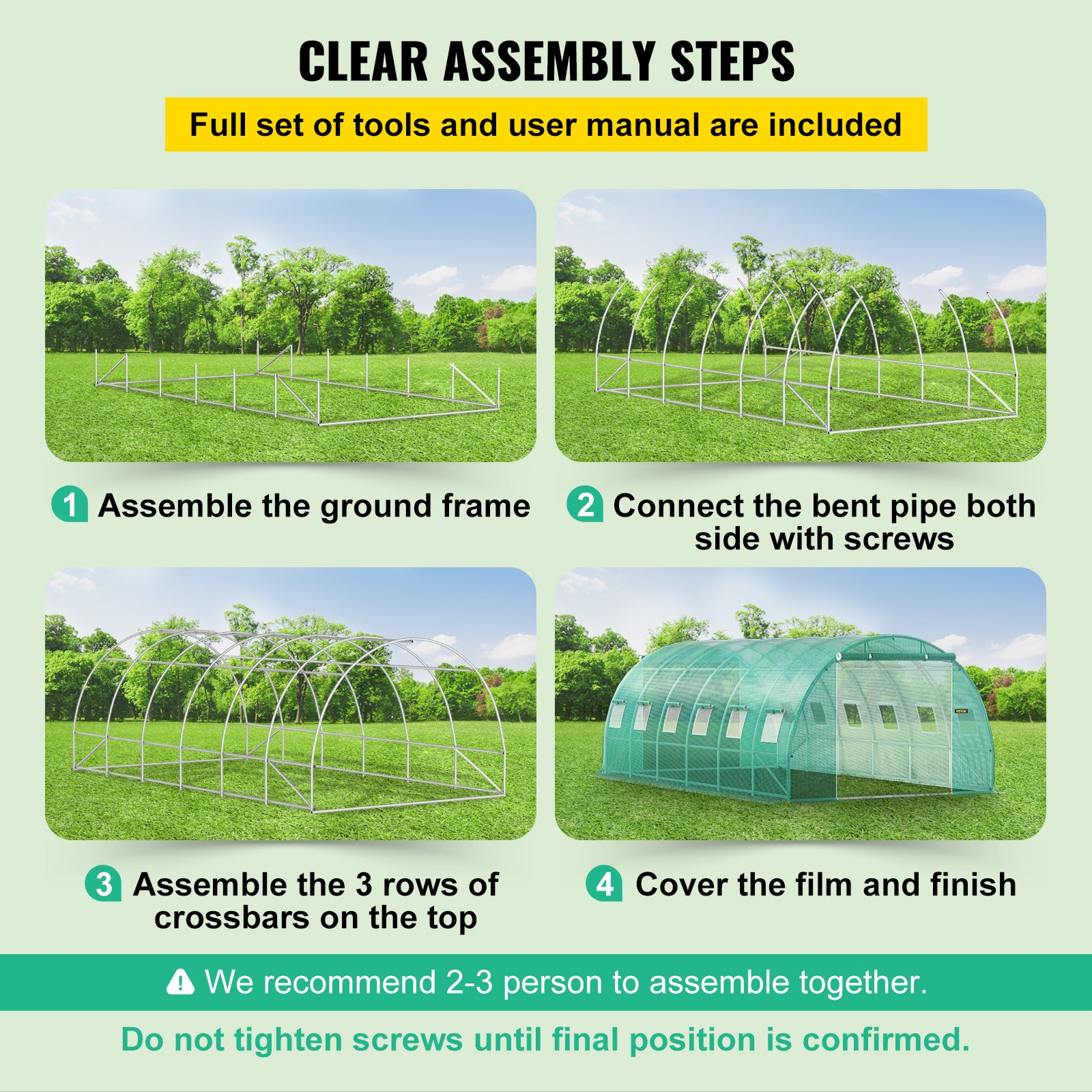 VEVOR Walk-in Tunnel Greenhouse, 20 x 10 x 7 ft Portable Plant Hot House w/ Galvanized Steel Hoops, 3 Top Beams, Diagonal Poles, 2 Zippered Doors & 12 Roll-up Windows, Green