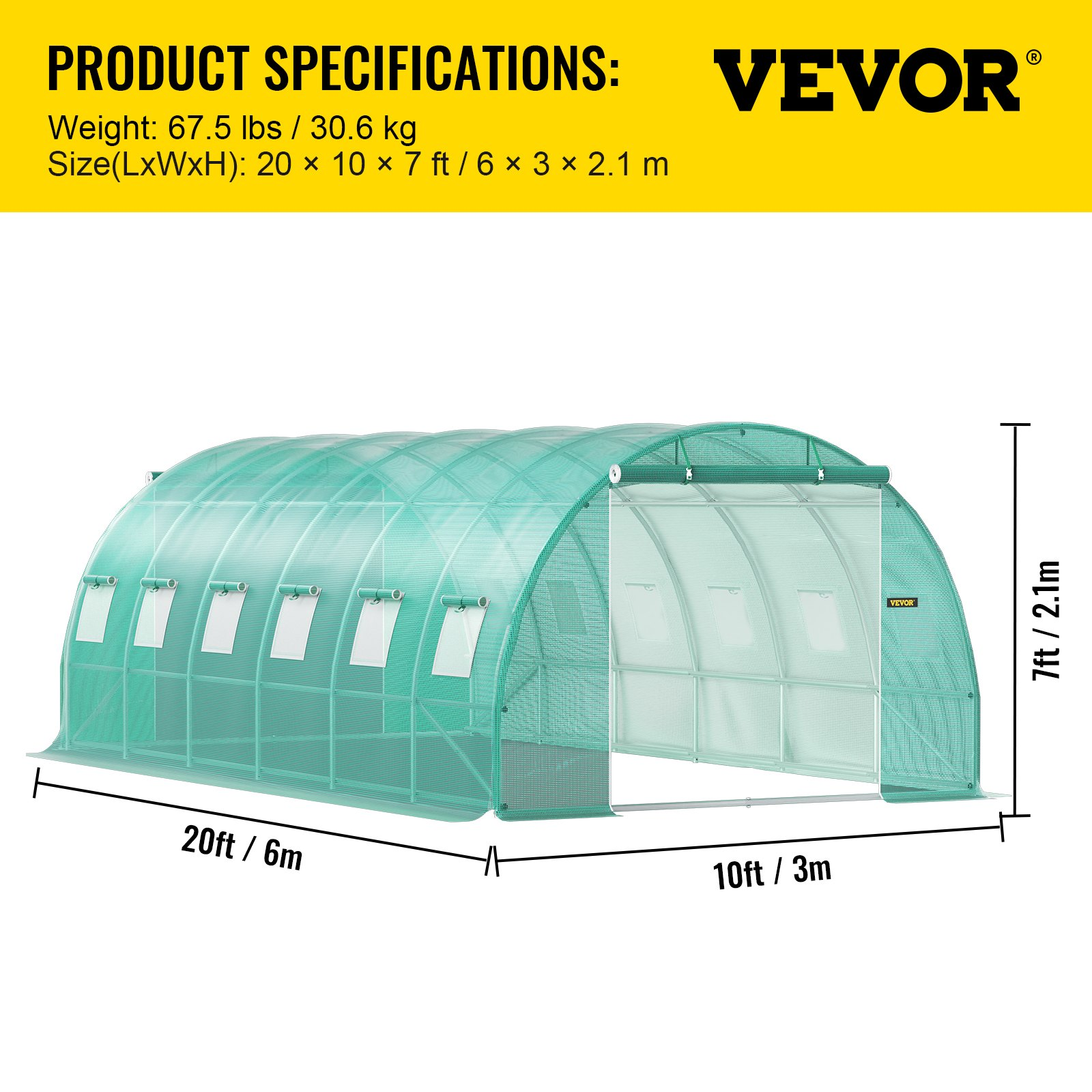 VEVOR Walk-in Tunnel Greenhouse, 20 x 10 x 7 ft Portable Plant Hot House w/ Galvanized Steel Hoops, 3 Top Beams, Diagonal Poles, 2 Zippered Doors & 12 Roll-up Windows, Green