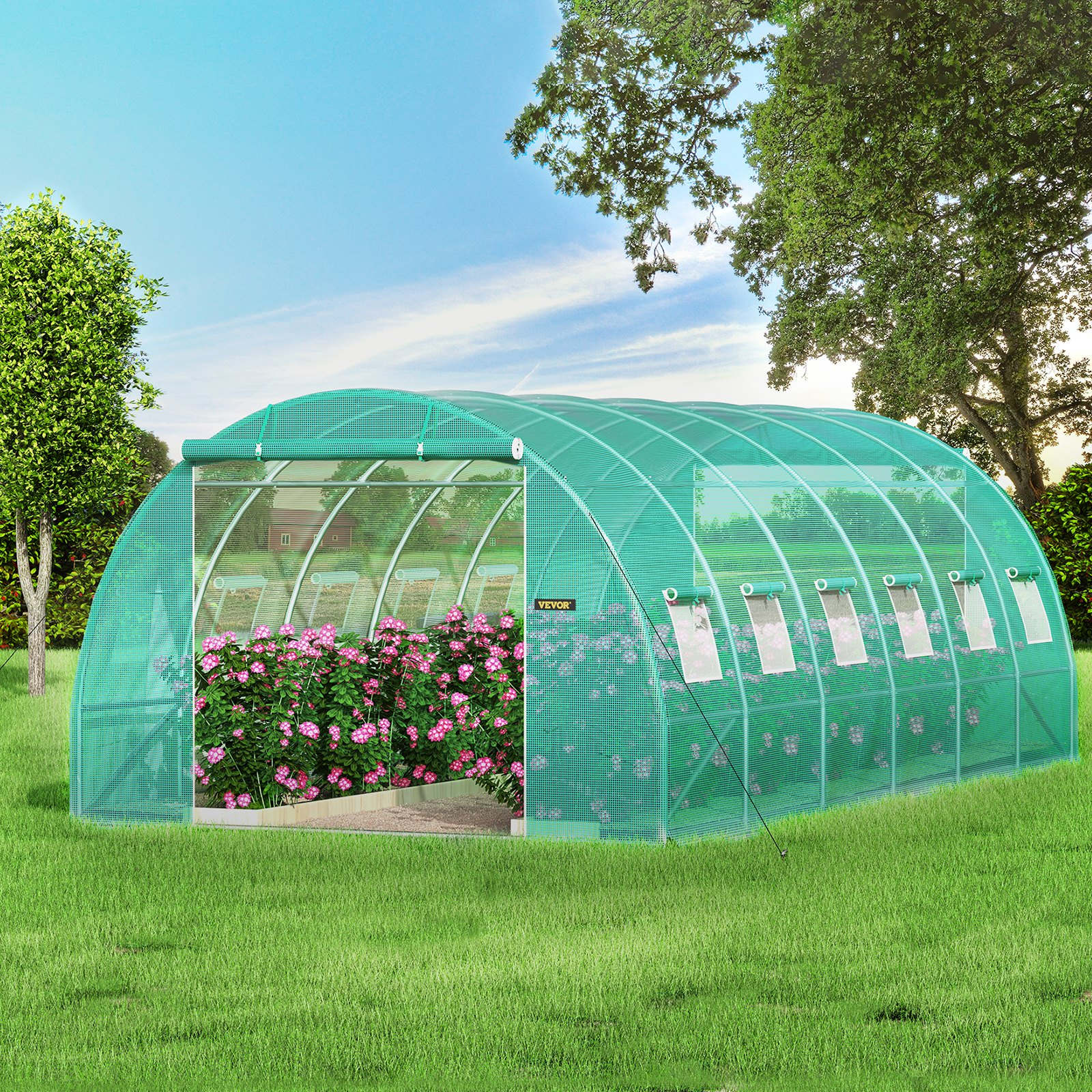 VEVOR Walk-in Tunnel Greenhouse, 20 x 10 x 7 ft Portable Plant Hot House w/ Galvanized Steel Hoops, 3 Top Beams, Diagonal Poles, 2 Zippered Doors & 12 Roll-up Windows, Green