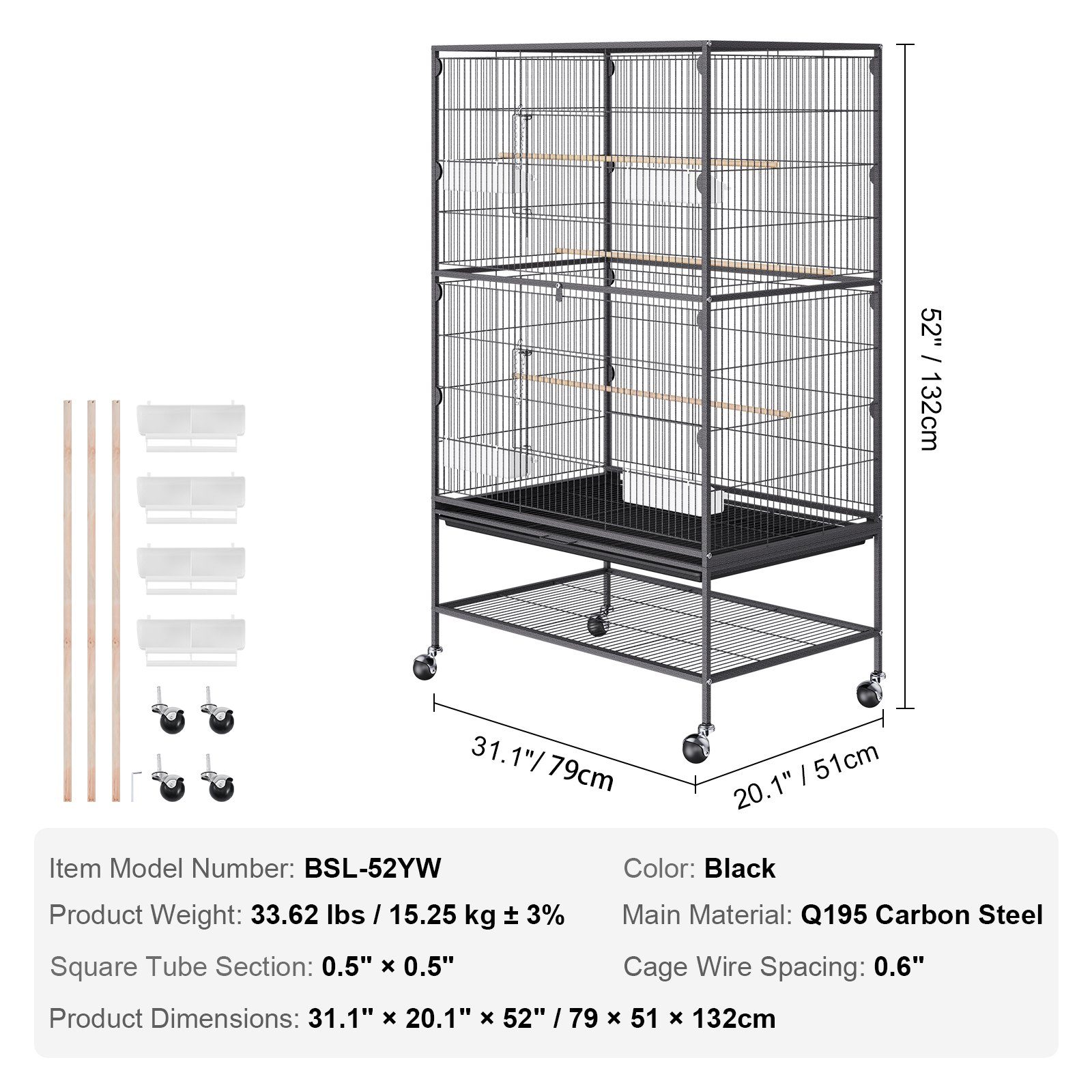 VEVOR 52 inch Standing Large Bird Cage, Wrought Iron Flight Bird Cage for Parakeets, Cockatiels, Parrots, Macaw with Rolling Stand and Tray