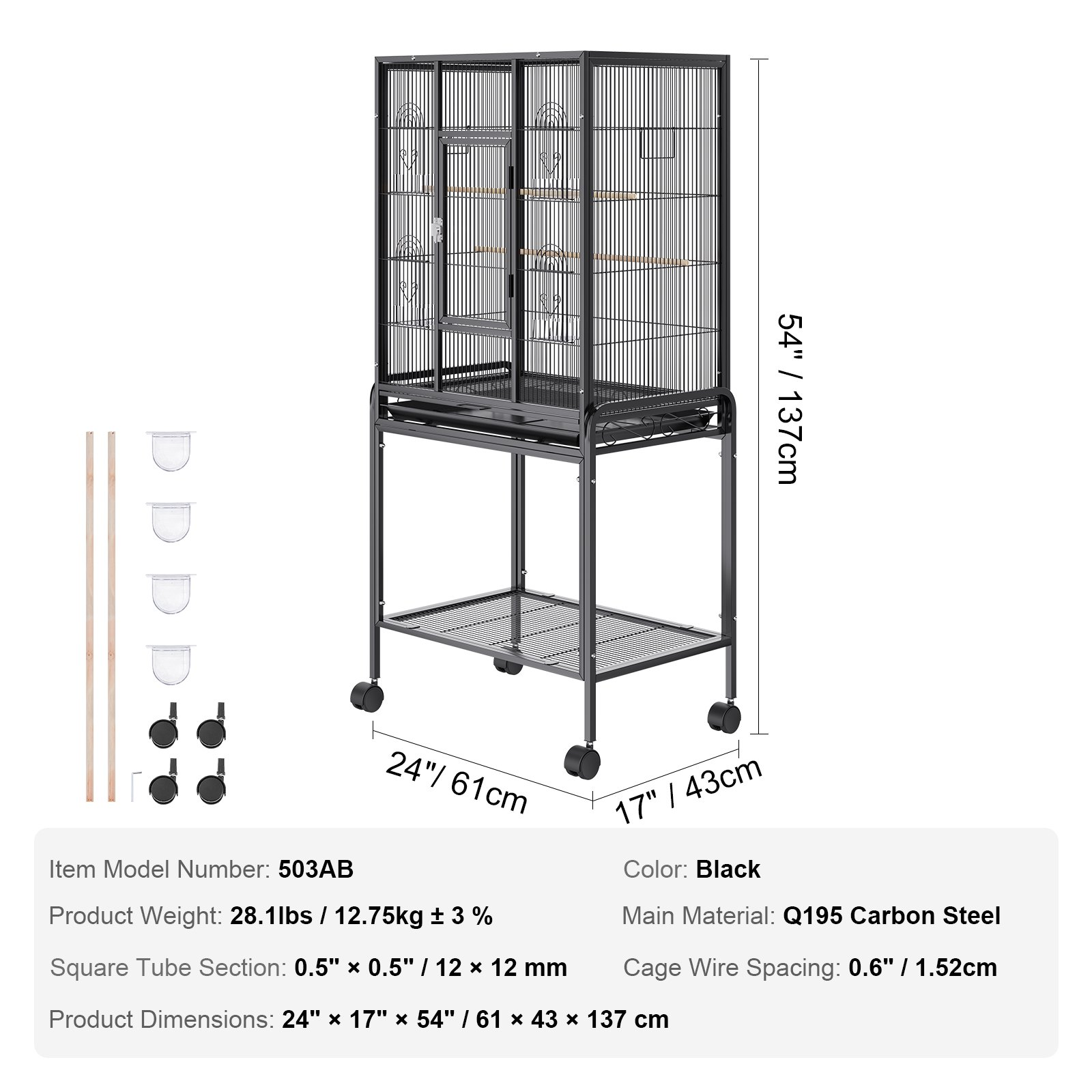 VEVOR 54 inch Standing Large Bird Cage, Carbon Steel Flight Bird Cage for Parakeets, Cockatiels, Parrots, Macaw with Rolling Stand and Tray