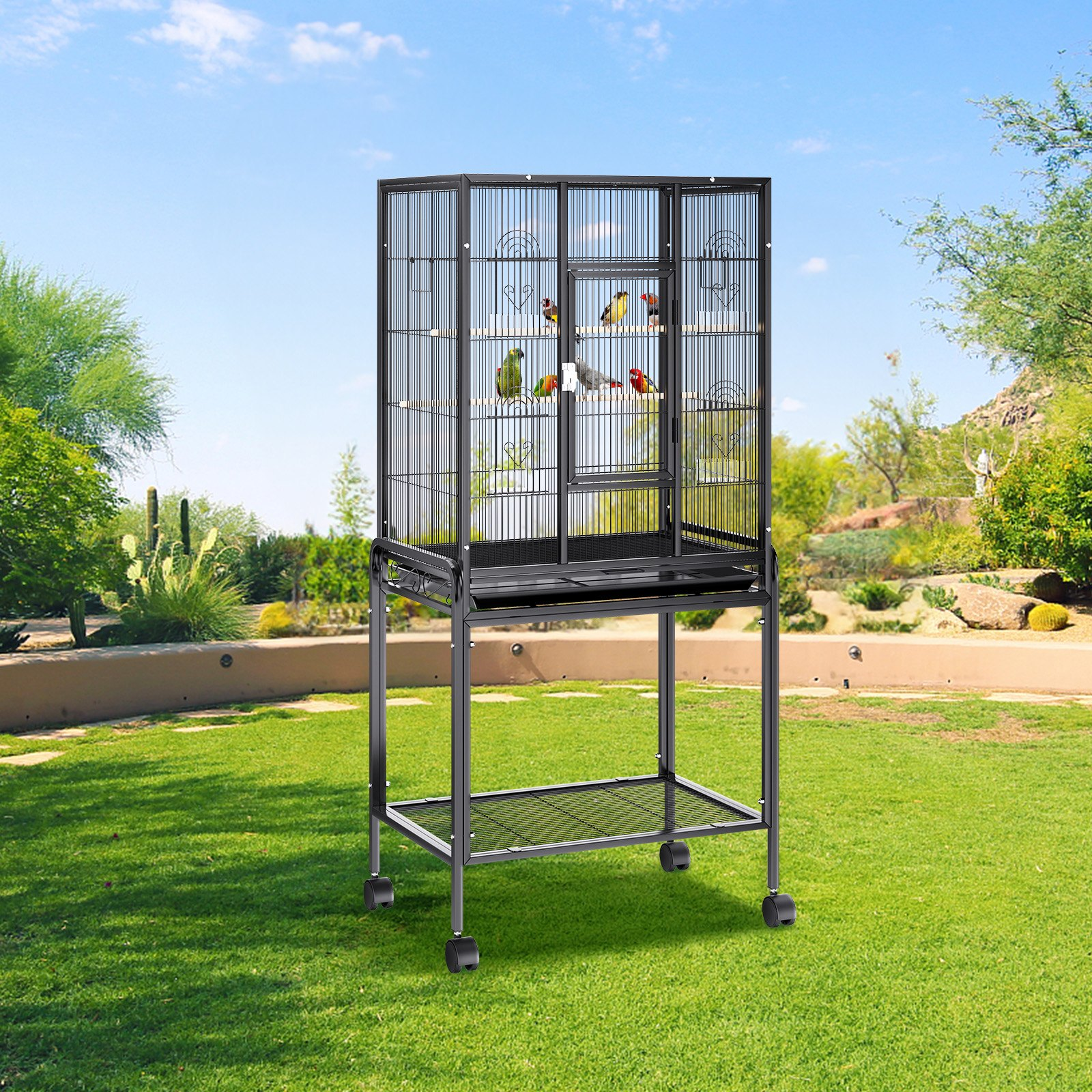 VEVOR 54 inch Standing Large Bird Cage, Carbon Steel Flight Bird Cage for Parakeets, Cockatiels, Parrots, Macaw with Rolling Stand and Tray