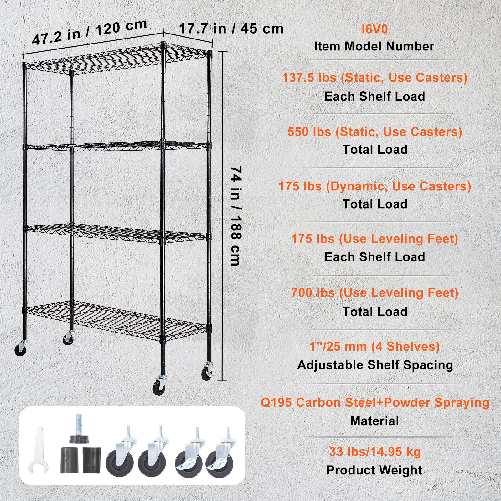 VEVOR Storage Shelving Unit with Wheels, 4-Tier Adjustable, 700 lbs Capacity, Heavy Duty Garage Shelves Metal Organizer Wire Rack, Black, 47.2" L x 17.7" W x 74" H for Kitchen Pantry Basement Bathroom